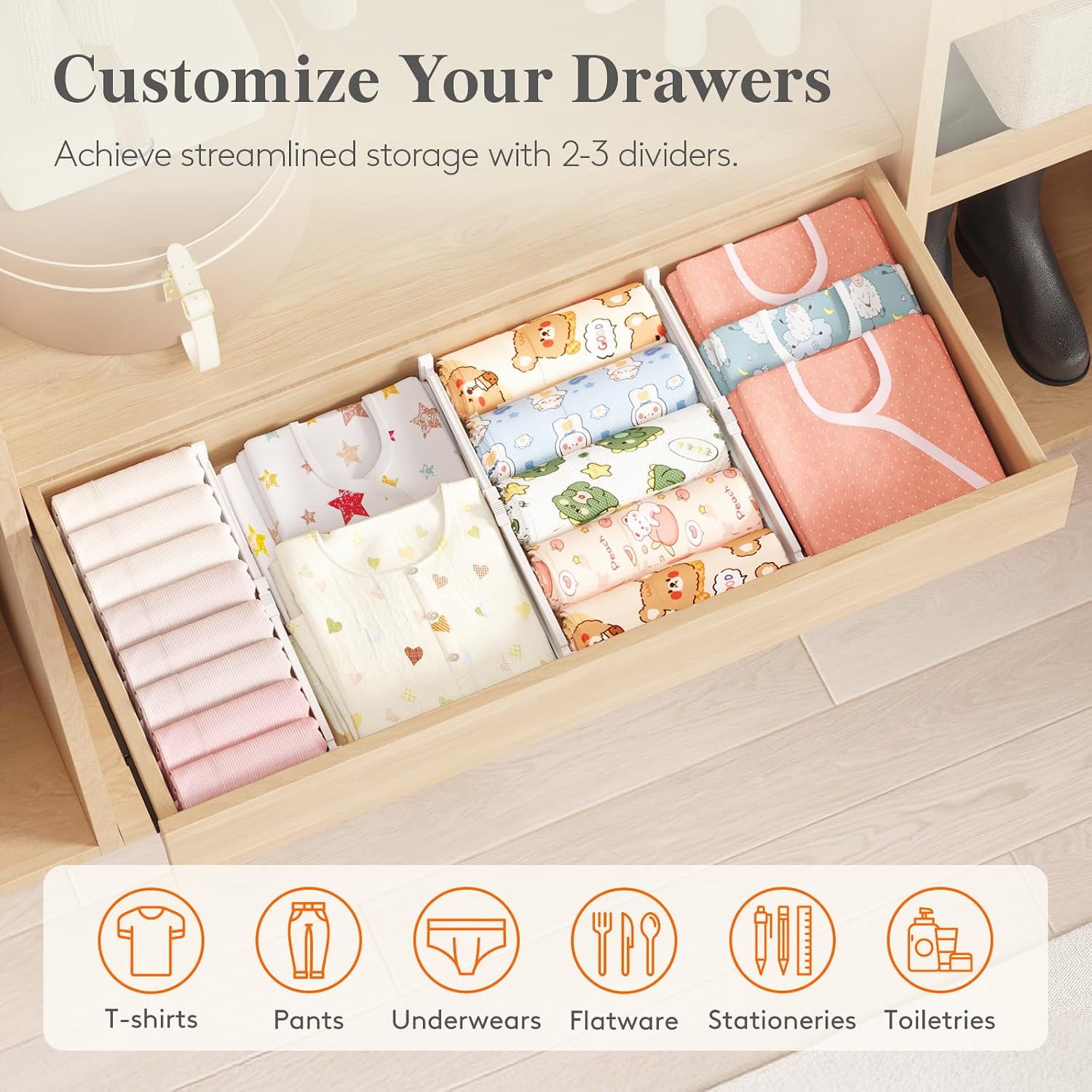 Lifewit Drawer Dividers for Clothes, 3.2" High 10.5"-16.5" Expandable Dresser Drawer Organizers, Adjustable White Plastic Separators for Kitchen, Cabinet, Nursery, Socks & Underwear Storage, 4 Pack - Image 9