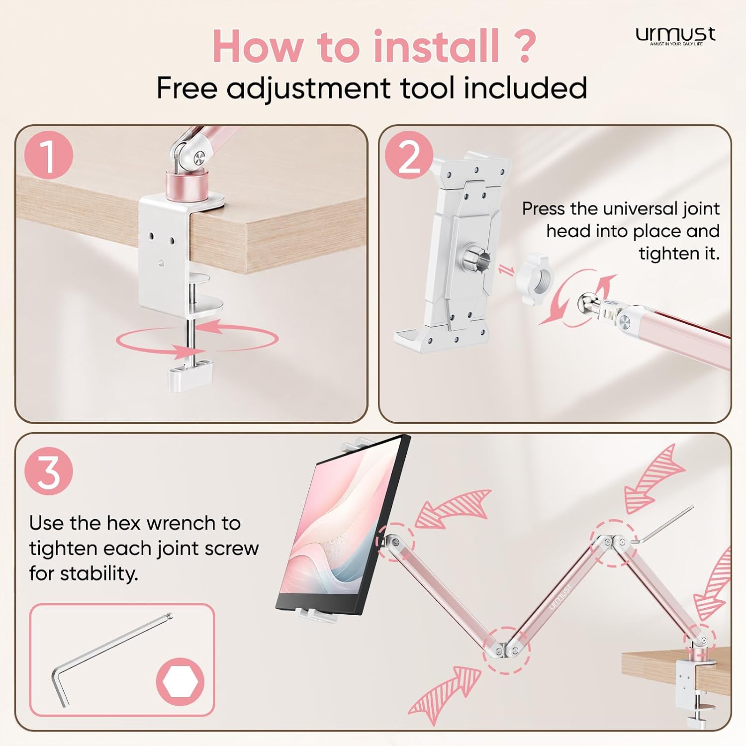 Urmust Portable Monitor Stand 15.6", iPad Stand for Desk, Portable Monitor Holder up to 18.5", Adjustable Desktop Tablet Arm Mount, iPad Holder for Desk, for 4.7"-12.9" i Pad Pro/Air/Mini Pink - Image 4