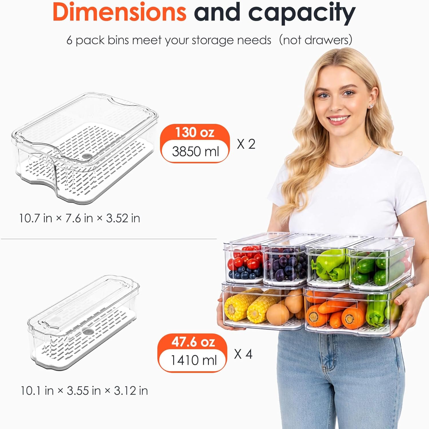 SMRCAD 6 Pack Clear Fridge Organizer Bins with Drain Trays - Stackable | BPA-Free PET, 6 Pack: 6 lidded Bins (Not drawer), Helps Keep Produce Fresh, 14L Capacity, Hand Wash Only - Image 6