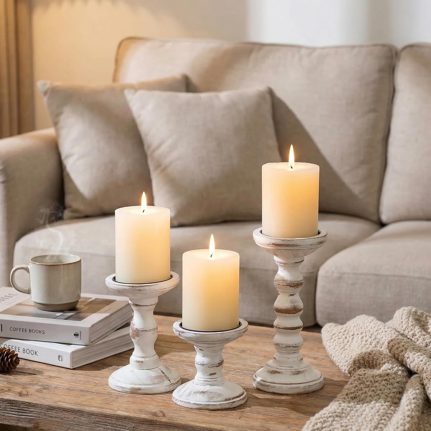 Romadedi Wood Candle Holders for Pillar Candles - Set of 3 Tall Farmhouse Wooden Candlestick Holder, Rustic Candle Stand for Fireplace Mantle Shelf Table Home Decor, Brown Whitewashed 3.9"/6"/ 8.3" - Image 7