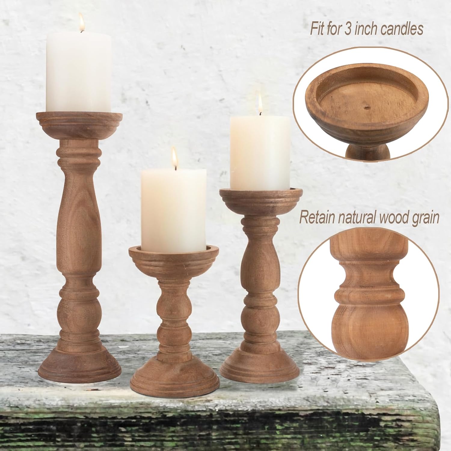 BANOMII Farmhouse Wooden Candle Holders for Pillar Candles Set of 3, Rustic Wood Candle Holder Table Centerpiece Decor, 12'' 9'' 6'' Vintage Tall Candle Stand Decorative, Brown - Image 2