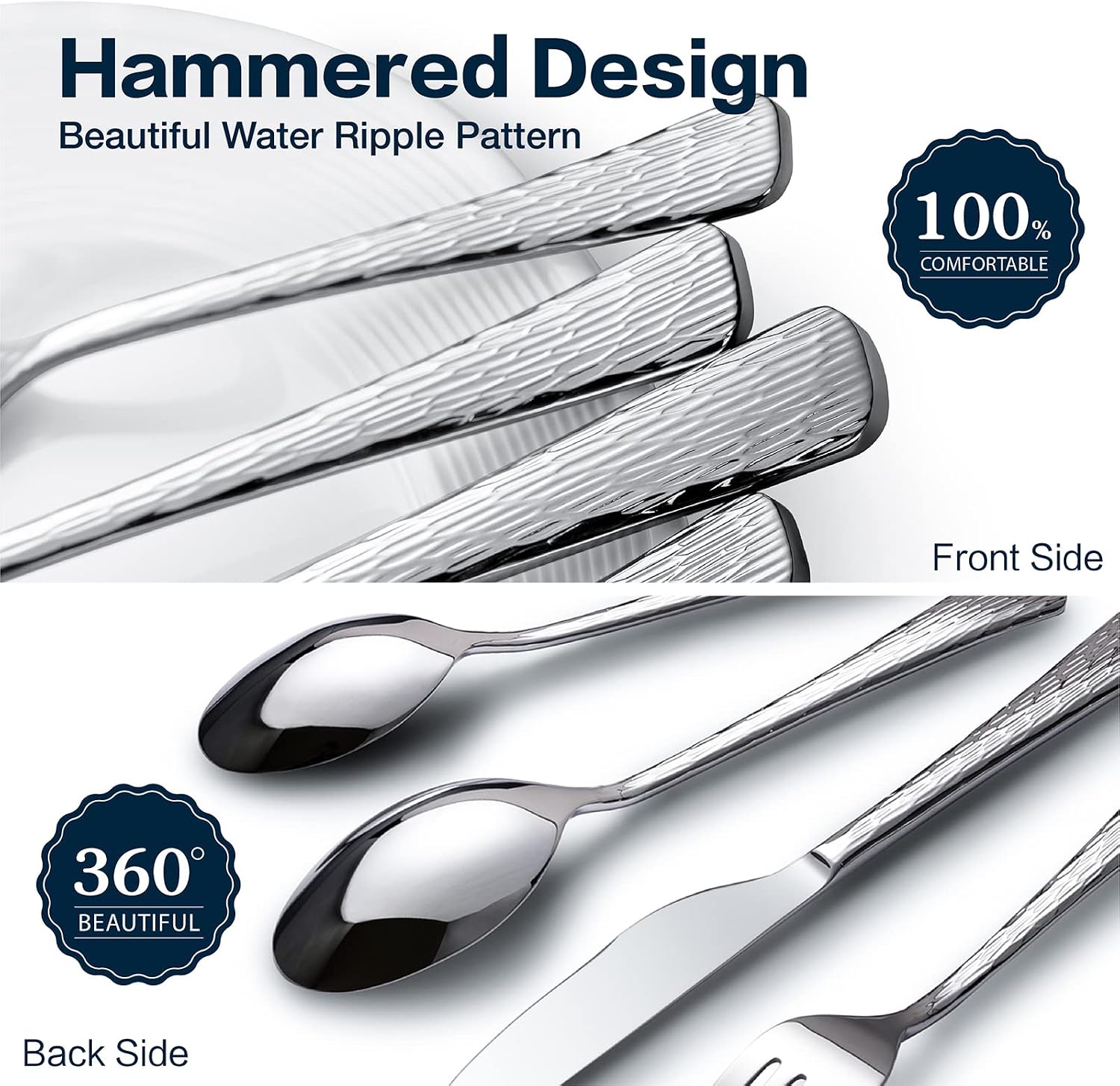 KINGSTONE Hammered Silverware Set, 20-Piece Flatware Set, 18/10 Stainless Steel Premium Cutlery with Unique Ripple Handles Design Mirror Polished - Dishwasher Safe - Image 4