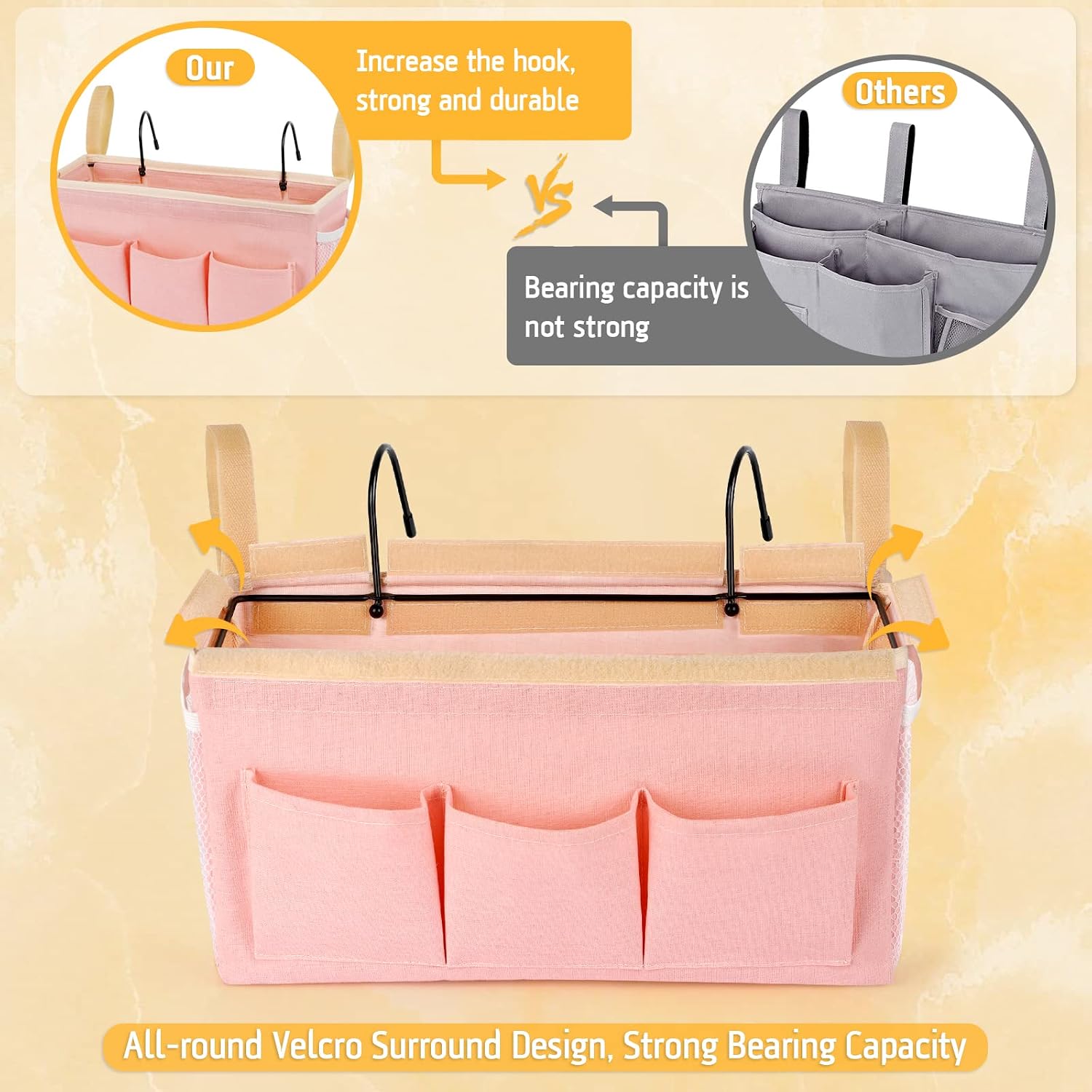 Lilithye Bedside Caddy Bedside Organizer Bedside Storage Caddy with Fixed Straps and Water Bottle Holder for Home College Dorm Bunk Bed Hospital Bed Crib Bed Rails (Pink) - Image 5