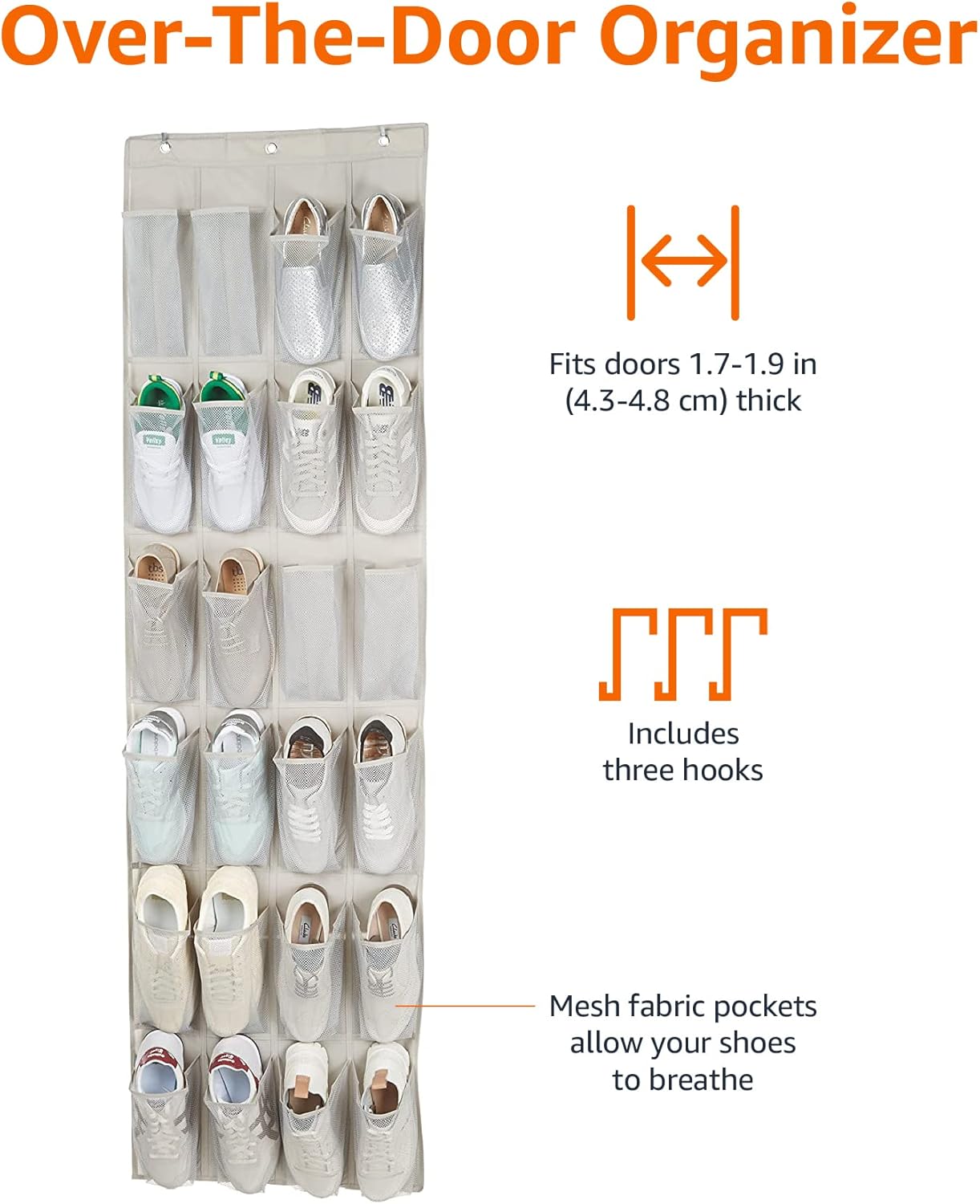 Amazon Basics 24 Medium Mesh Pocket Over-the-Door Hanging Shoe Organizer, Space Saving Shoe Storage, Light Grey | Over-the-Door - Image 2