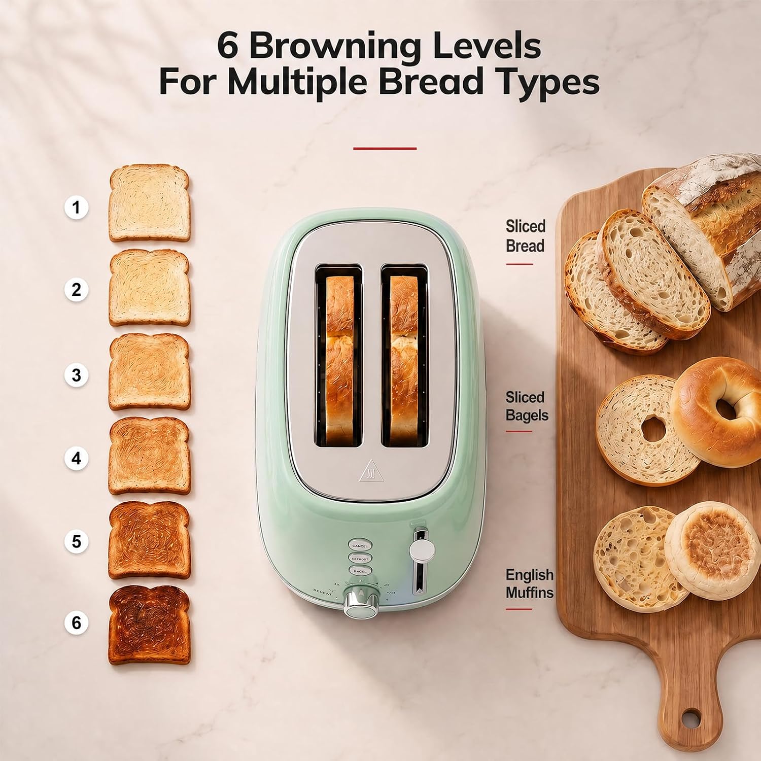 2 Slice Stainless Steel Toaster Retro with 6 Bread Shade Settings, Bagel, Cancel, Defrost Function, Extra Wide Slot, Removable Crumb Tray Green - Image 5