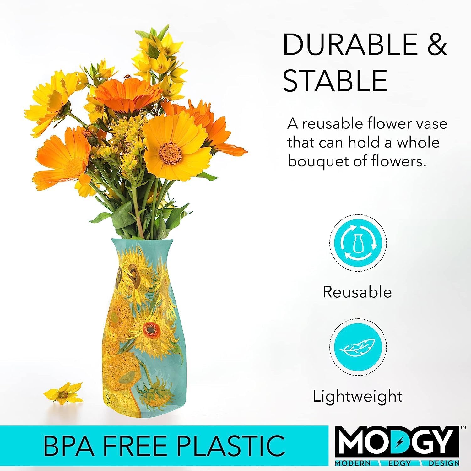 MODGY Collapsible and Expandable Plastic Flower Vase, Unbreakable, Foldable, Decorative Modern Centerpieces, Table Decorations, Van Gogh Sunflowers, 1 Pack - Image 3
