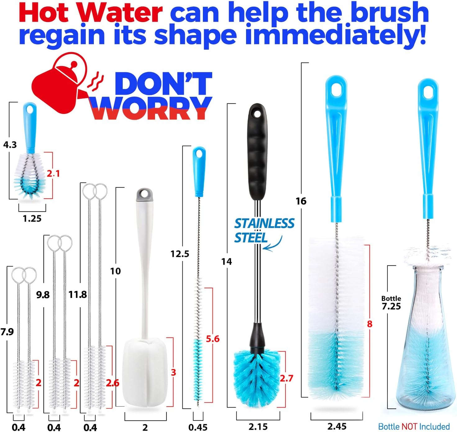 Holikme Bottle Brush Tube Cleaning Lab Set with Long Handle, Cup Cleaner for Washing Narrow Neck Beer Wine Decanter Pipes Lids Sinks Cap Covers, White - Image 5