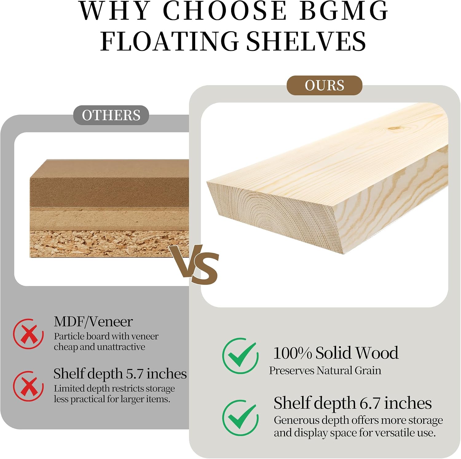BGMG Wood Floating Shelves for Wall 24 inch Set of 2, Rustic Wooden Wall Mount Shelves for Bathroom Living Room Bedroom Kitchen Farmhouse -24x6.7-Dark Walnut - Image 4