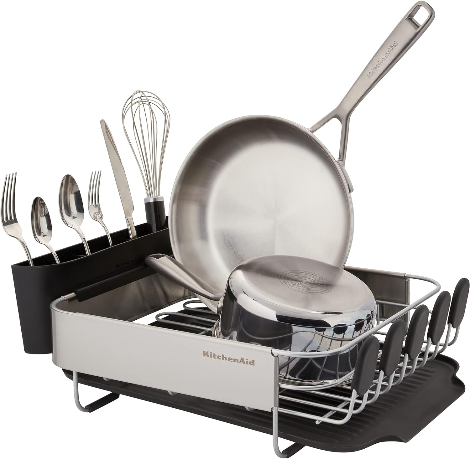 KitchenAid Compact, Space Saving Rust Resistant Dish Rack with Removable Flatware Caddy and Angled Self Draining Drainboard, 16.06-Inch, Black - Image 2