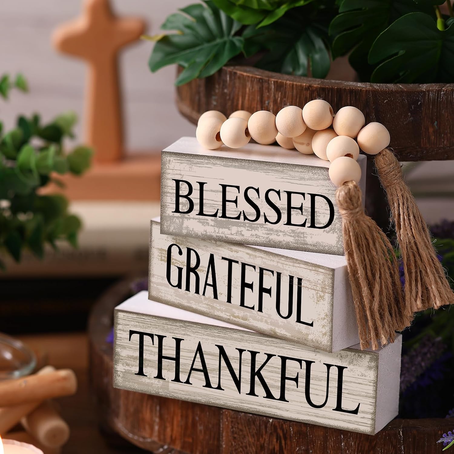 4 Pcs Farmhouse Wooden Tabletop Decor Neutral Farmhouse Tiered Tray Decor Rustic Retro Wood Bead Garland Blessed Grateful Thankful Block Sign Centerpiece for Coffee Home Office Shelf Mantle Table - Image 3