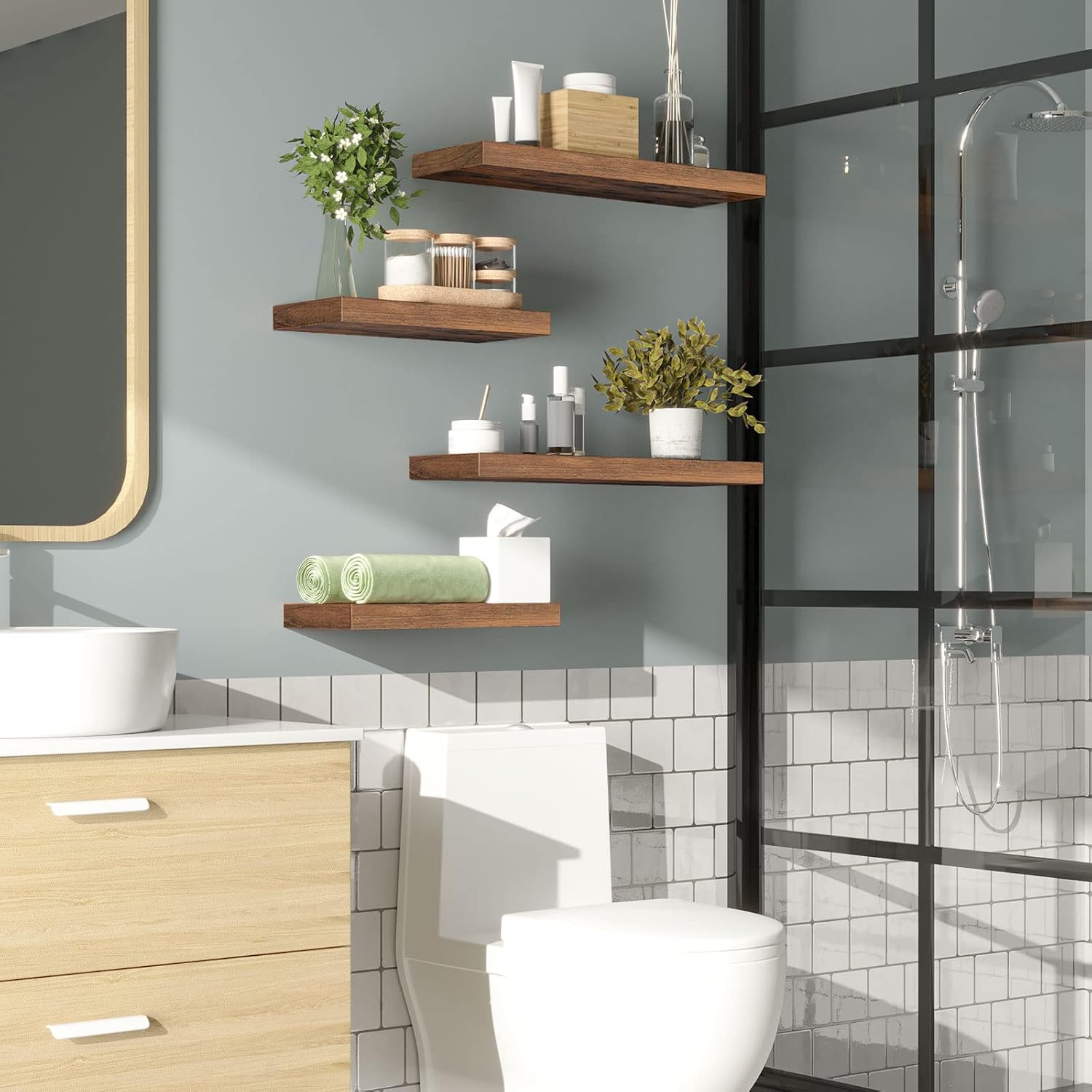 HOOBRO Floating Shelves for Wall, Wall Mounted Shelf Set of 2, 15.7" Hanging Shelf with Invisible Brackets, for Wall Decor Storage in Bathroom Bedroom Kitchen Living Room Office, Rustic Brown BF40BJ01 - Image 4