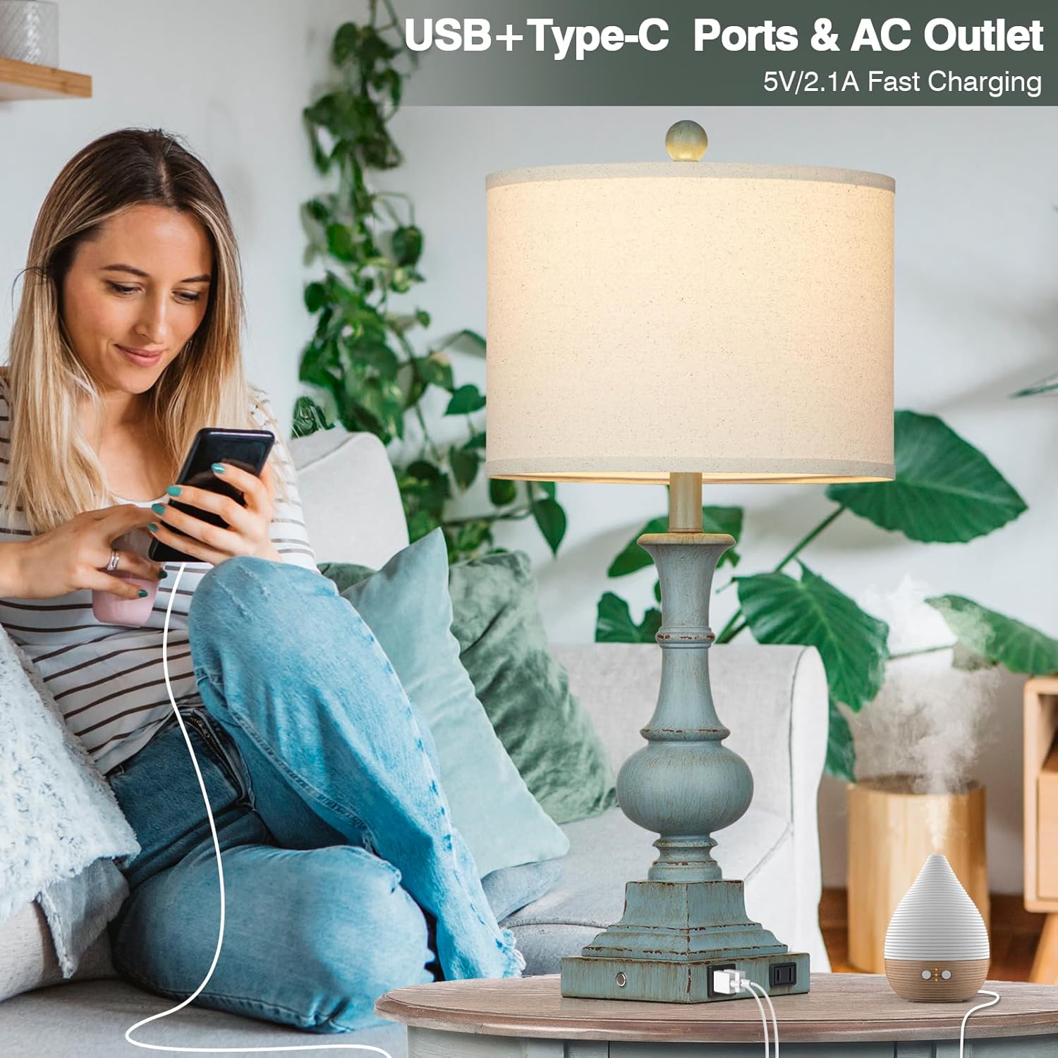 Farmhouse Table Lamps Set of 2, 26" Vintage Rustic Touch Control 3-Way Dimmable Bedside Lamp with USB A+C Ports & AC Outlet, Blue Nightstand Lamp for Living Room Bedroom End Table(LED Bulbs Included) - Image 2