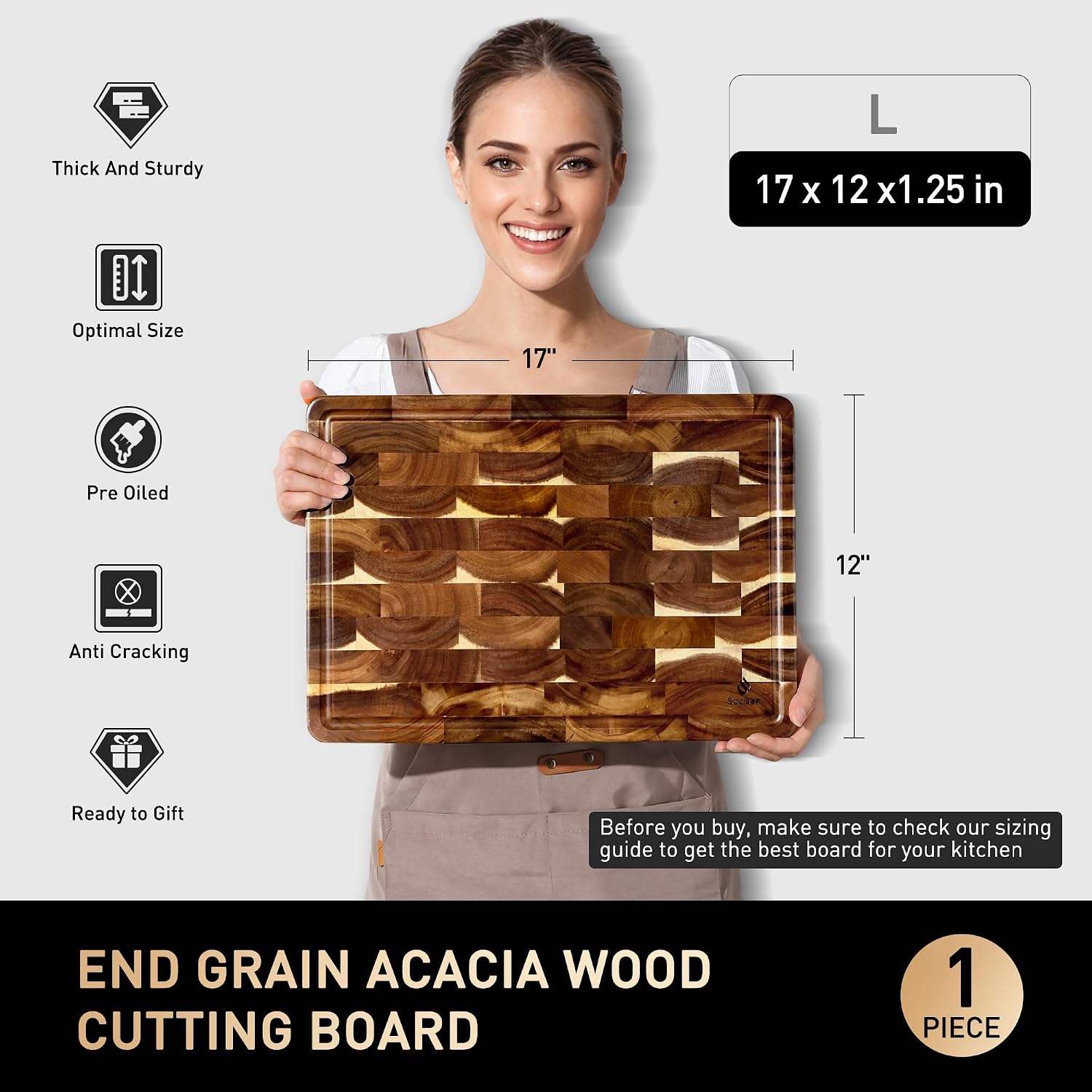 End Grain Cutting Board for Kitchen with Non-slip Feet, Acacia Wood Heavy Duty Checkered Cutting Board Upgraded Chopping Board with Juice Groove & Handle Large Wooden Butcher Block with Gift Box - Image 3