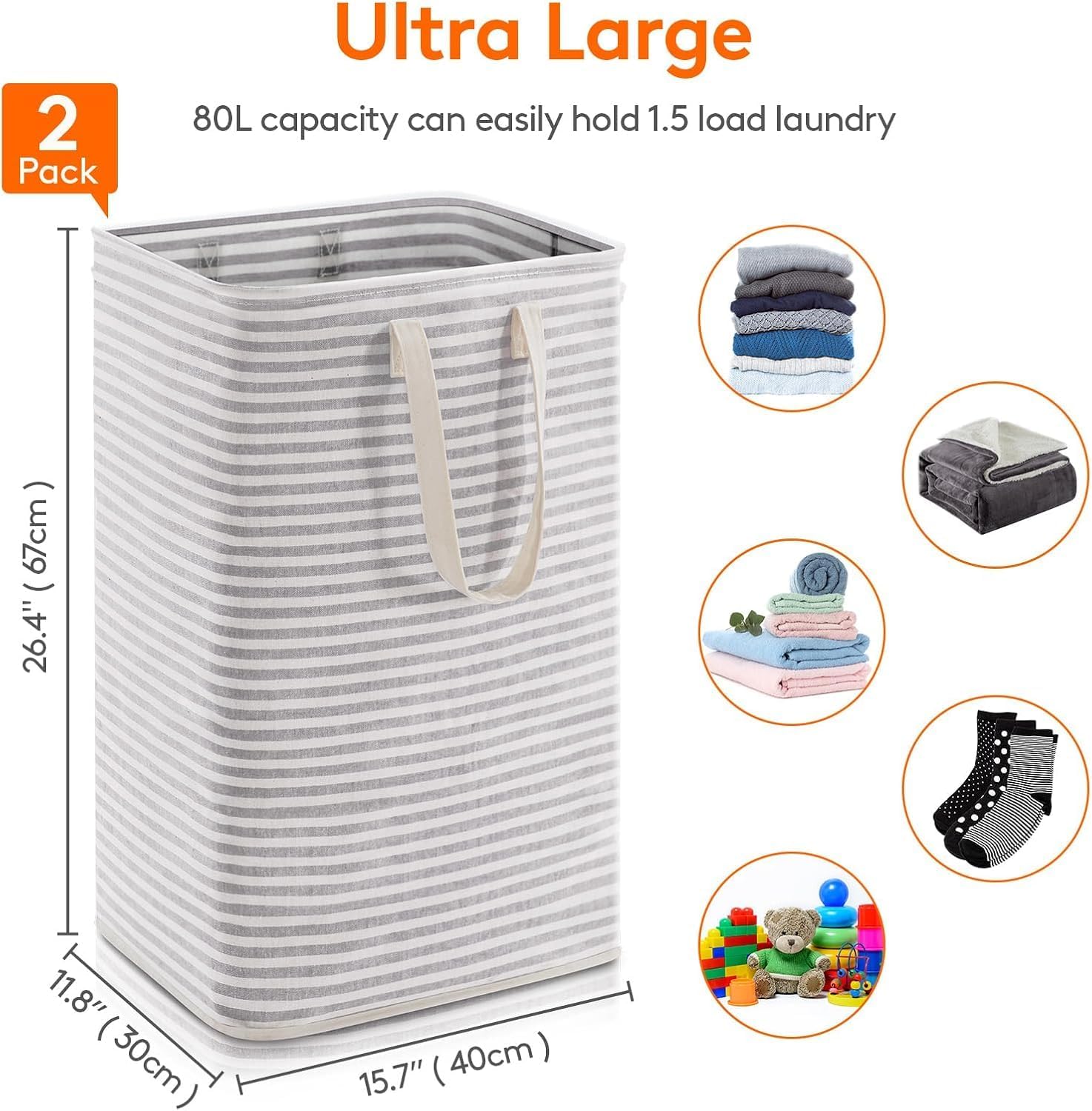 Lifewit 2 Pack Laundry Basket 80L Each, Collapsible Clothes Hamper with Reinforced Handles, Freestanding Waterproof Design for Bedroom and Laundry Room, Grey 160L Total - Image 2