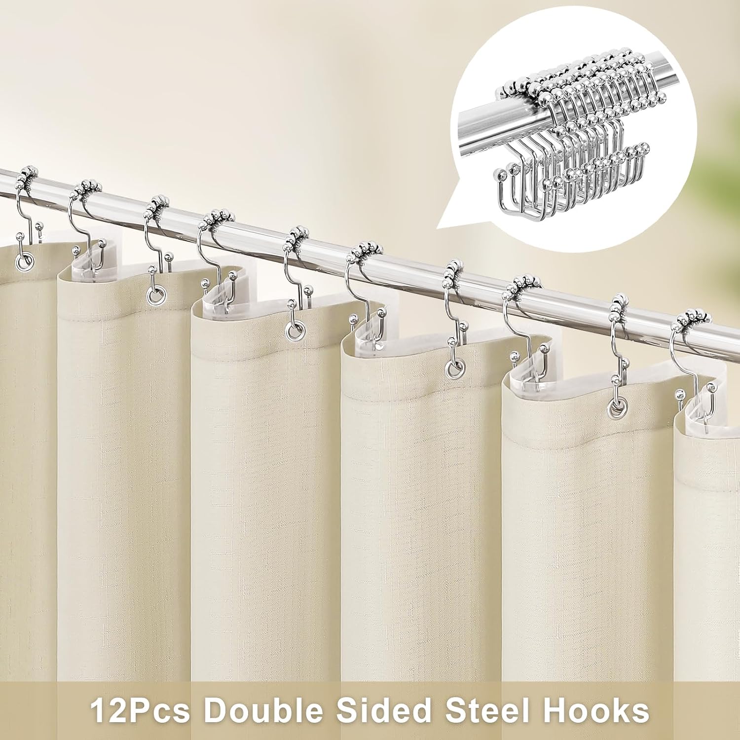 MitoVilla 3 in 1 Shower Curtain Set, Neutral Modern Slub Textured Fabric Shower Curtain and Clear PEVA Liner Set with 12 Double Sided Steel Hooks, Waterproof Fabric Hotel Bathroom Curtain-72x72 - Image 3