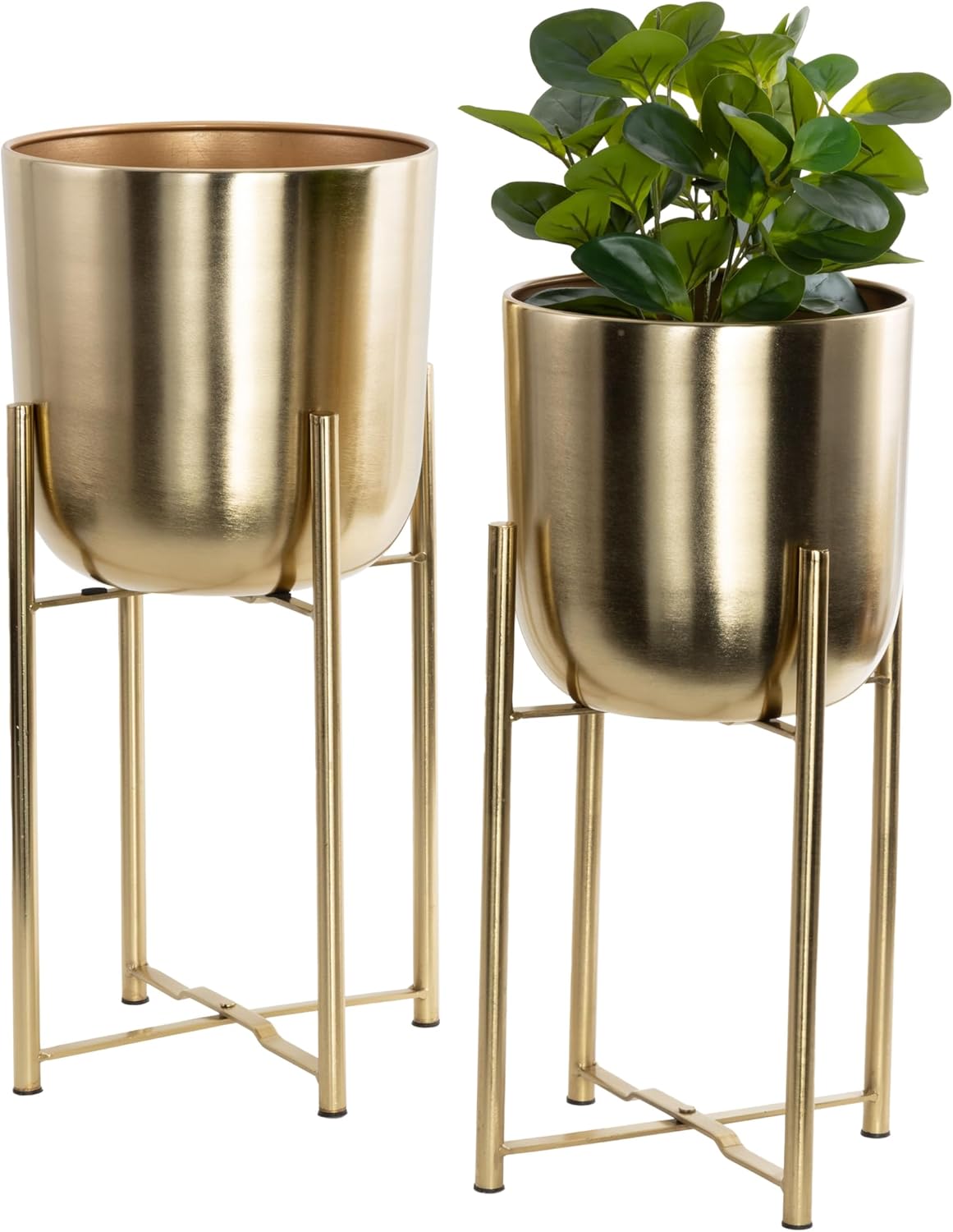 CosmoLiving by Cosmopolitan Metal Indoor Outdoor Planter Dome Large Planter Pot with Removable Stand, Set of 2 Planters 19", 22"H, Gold | Large planter pots with removable plant stand indoor outdoor use, not watertight