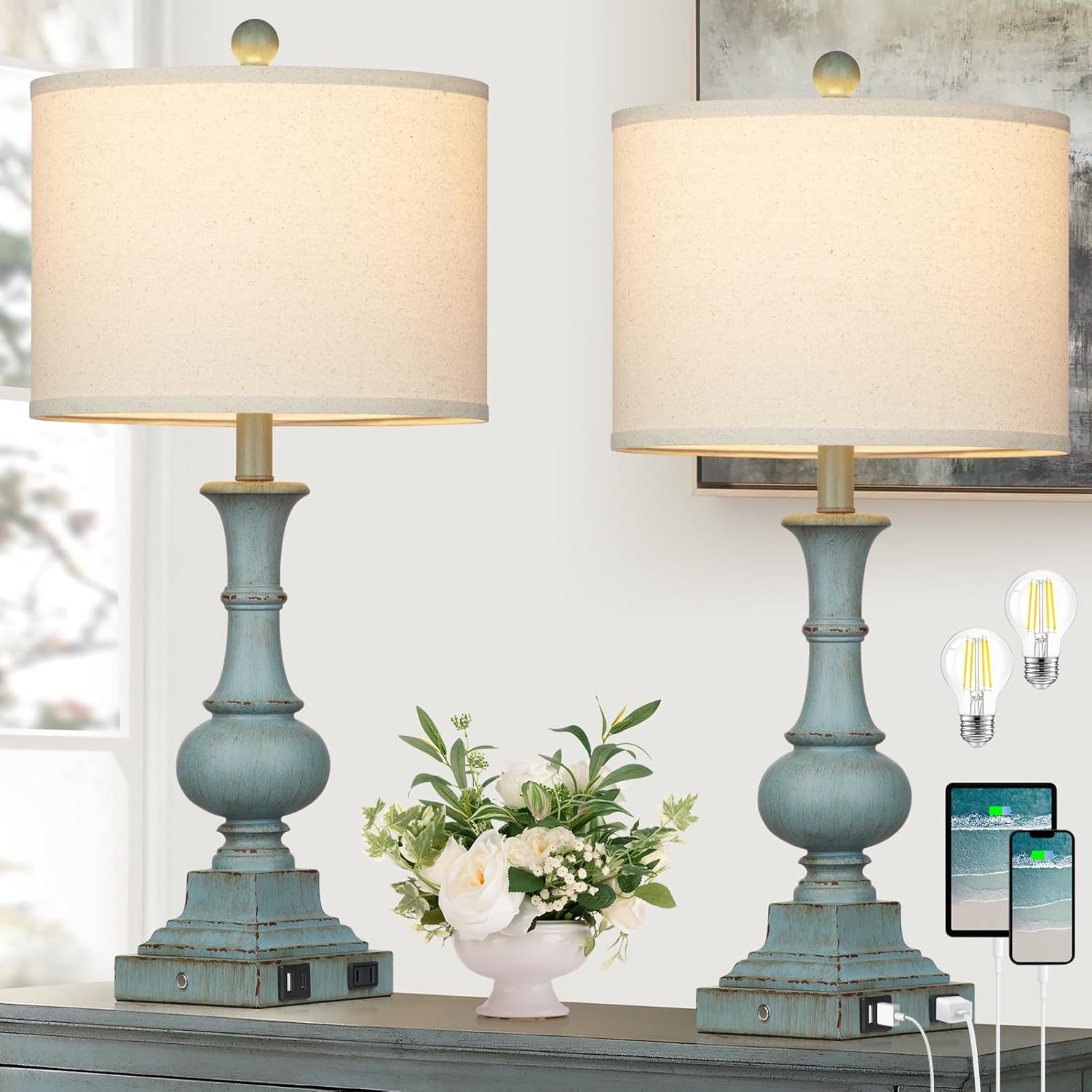 Farmhouse Table Lamps Set of 2, 26" Vintage Rustic Touch Control 3-Way Dimmable Bedside Lamp with USB A+C Ports & AC Outlet, Blue Nightstand Lamp for Living Room Bedroom End Table(LED Bulbs Included) - Image 8