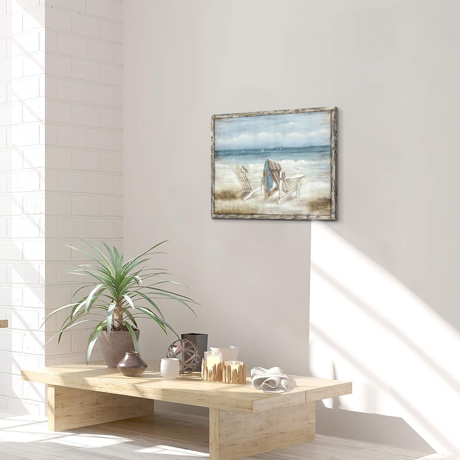 Abstract Seascape Framed Wall Art: Beach Chair on Sand Hand Painted Painting Print for Bedroom (24" W x 18" H, Multiple Sizes/Material) - Image 8