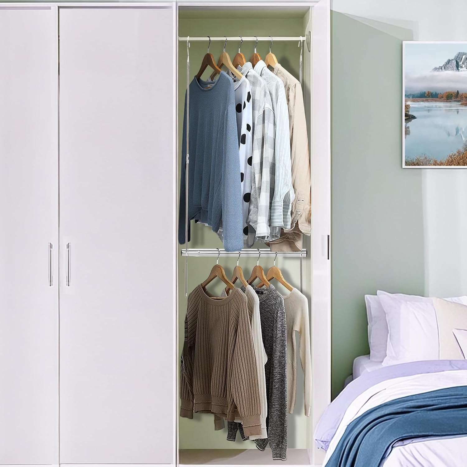 STORAGE MANIAC Hanging Closet Rod, Adjustable Width and Height Closet Hanging Organizer, Space-Saving Clothes Hanging Bar, Closet Extender Hanging Rod Double Closet Hanging Rod, 2 Pack Chrome - Image 6