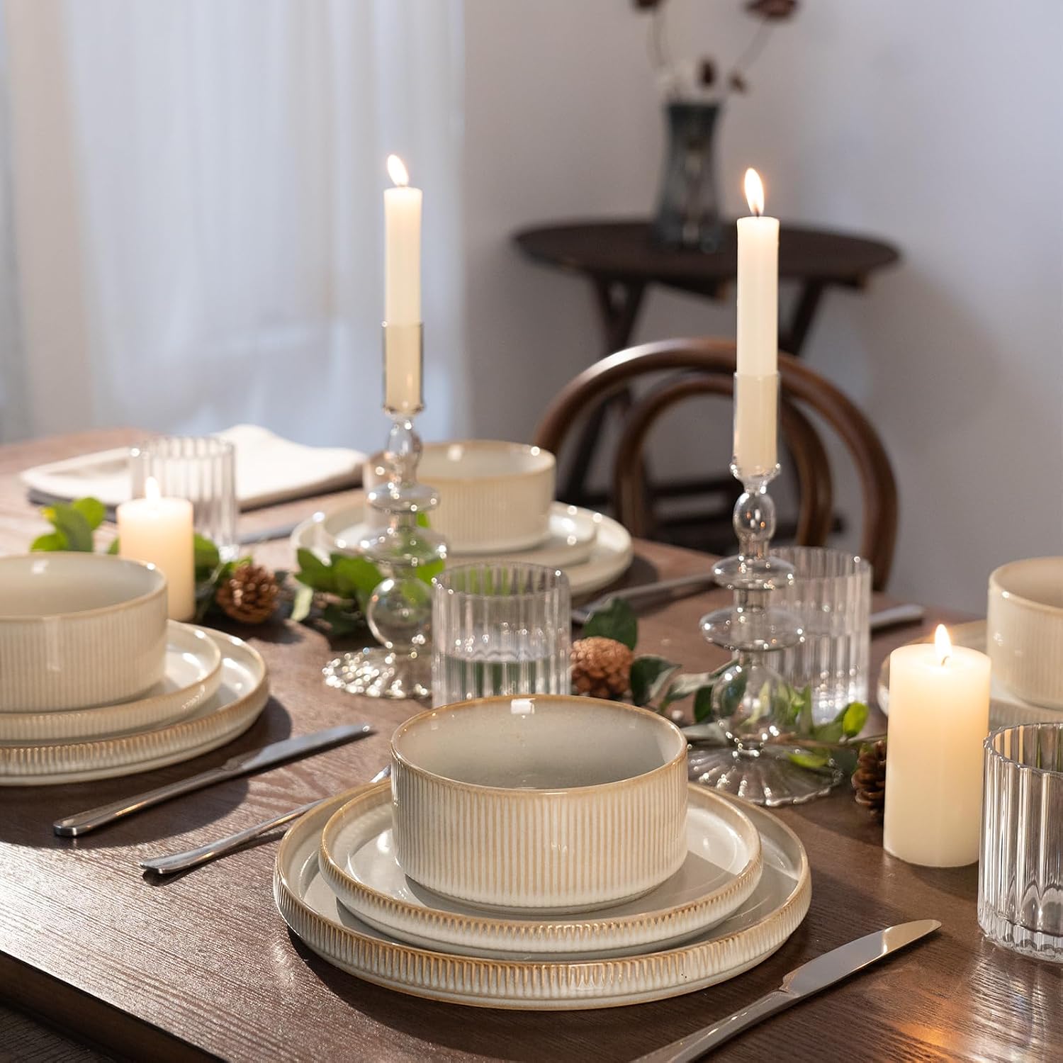 Famiware Star Dinnerware Sets, Plates and Bowls Set for 4, 12 Pieces Ribbed Dishes - Chip and Scratch Resistant, Microwave and Dishwasher Safe Tableware, Cappuccino White - Image 9