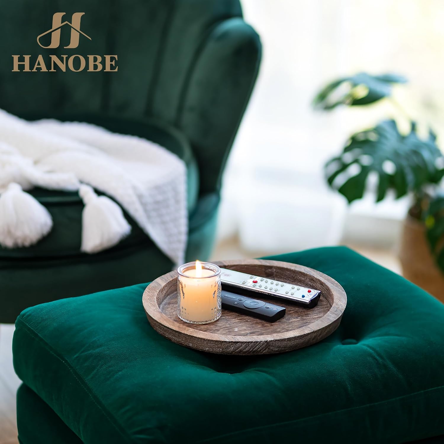 Hanobe Wooden Tray for Coffee Table: Candle Holder Plate Round Decorative Serving Tray - Vintage Table Centerpiece Rustic Farmhouse Home Decor - Image 8