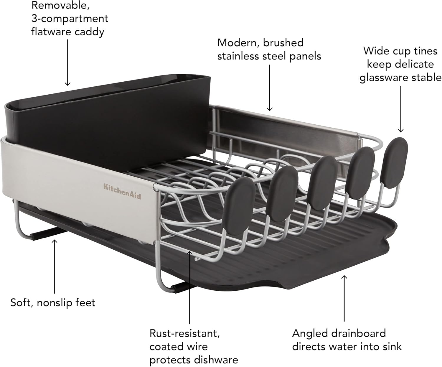 KitchenAid Compact, Space Saving Rust Resistant Dish Rack with Removable Flatware Caddy and Angled Self Draining Drainboard, 16.06-Inch, Black - Image 8