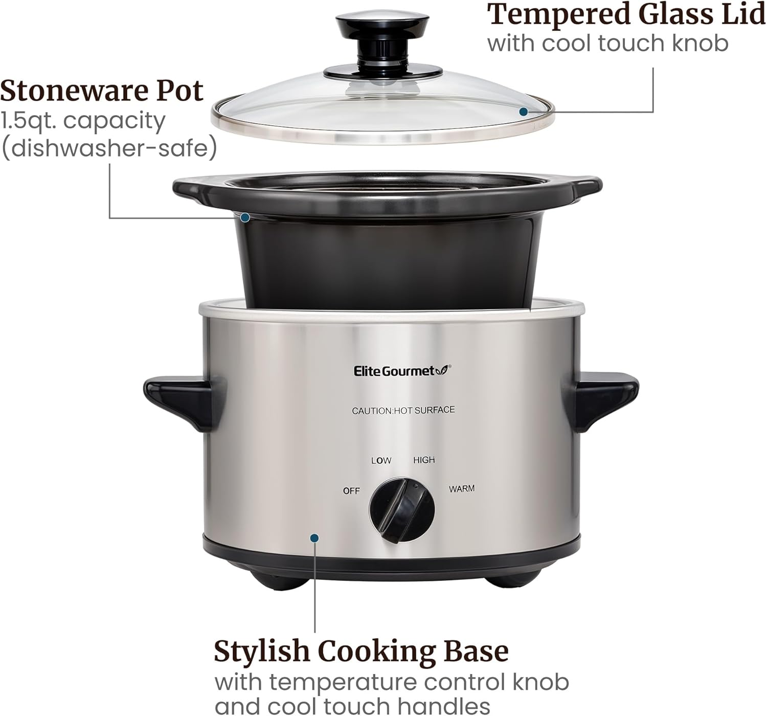Elite Gourmet MST-250XS Electric Slow Cooker Ceramic Pot, Adjustable Temp, Entrees, Sauces, Stews & Dips, Dishwasher Safe Glass Lid & Crock, 1.5 Quart, Stainless Steel - Image 5
