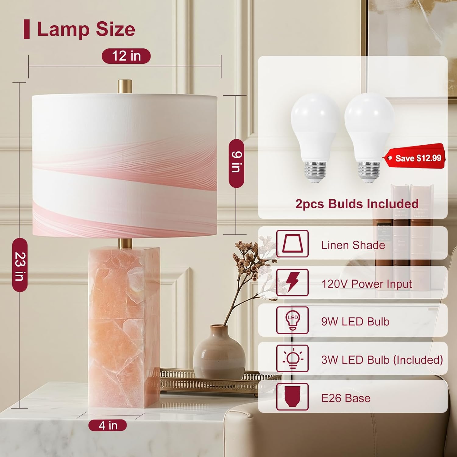 Scenekoy 23" Alabaster Table Lamp Set of 2 with Night Light for Bedroom Living Room, Rotary Switch, Pink Modern Table Lamp with Linen Shade, Nightstand Lamps for Room Bedside Office (Bulb Included) - Image 2