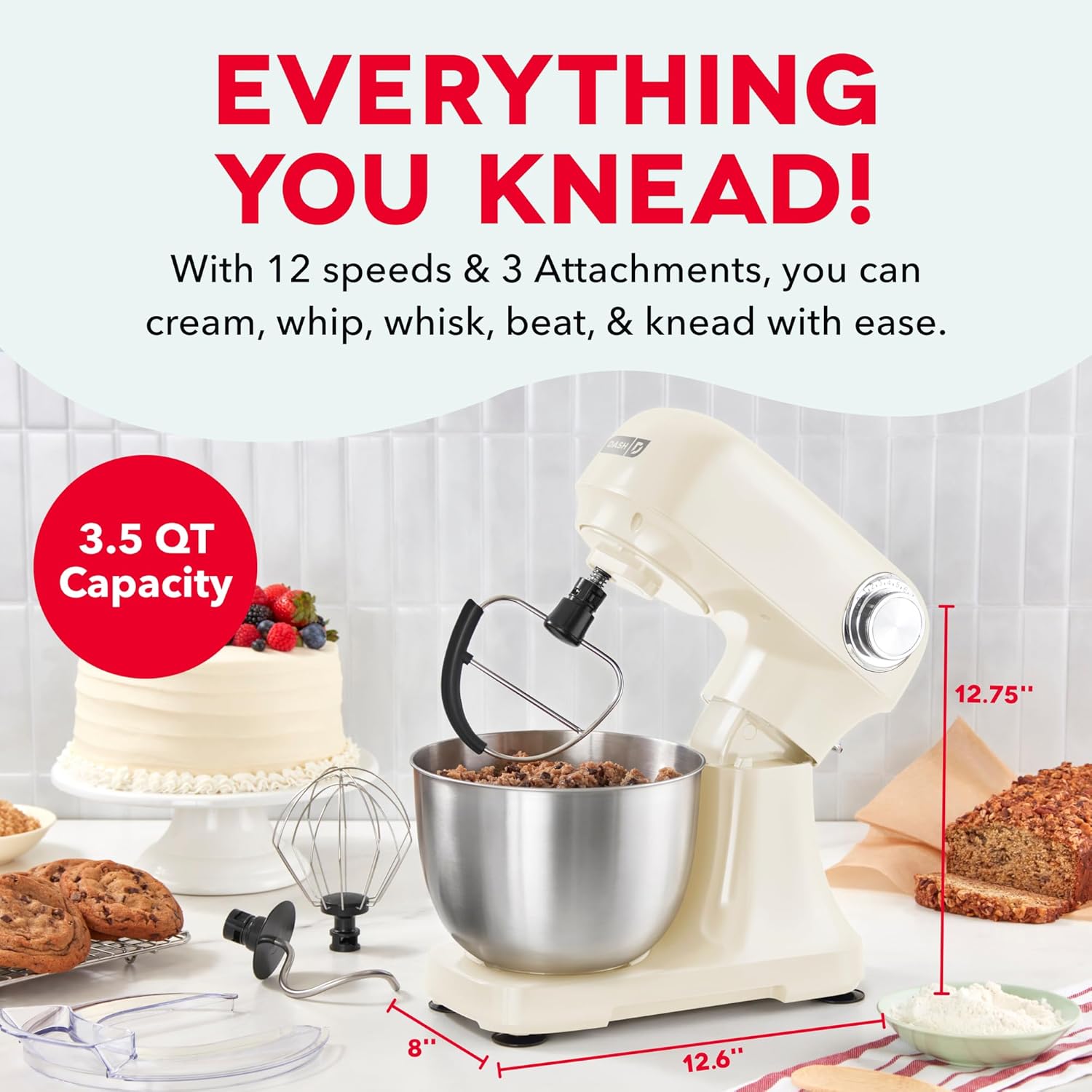 Dash 3.5QT Tilt-Head Stand Mixer - Electric Stand Mixer with Stainless Steel Bowl and Splash Guard For Baking - Cream, 3.5-Quart - Image 2
