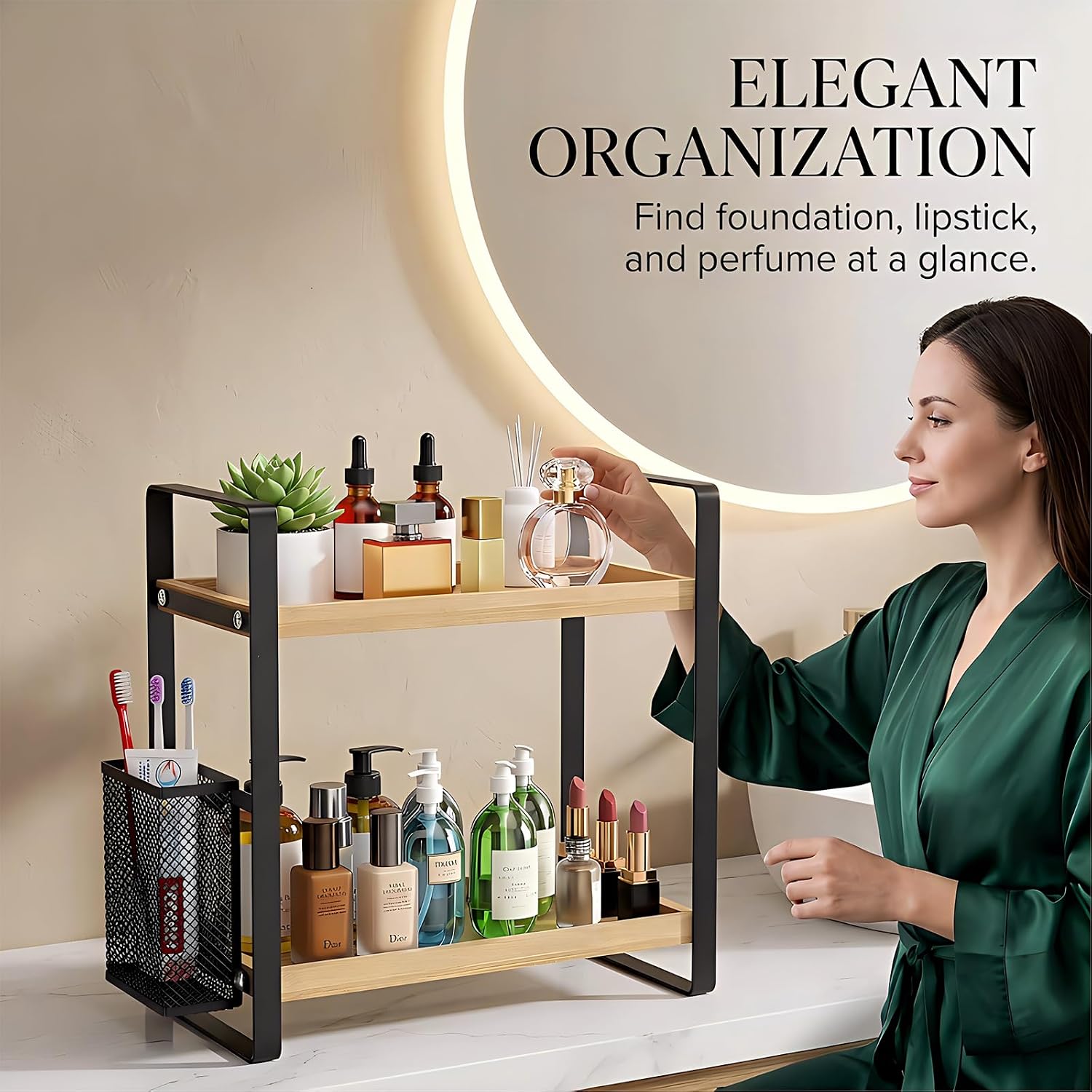 LEMIKKLE 2-Tier Wood Bathroom Counter Organizer with Basket,Waterproof Vanity Perfume Skincare Storage for Bathroom, Kitchen, Dresser - Image 5