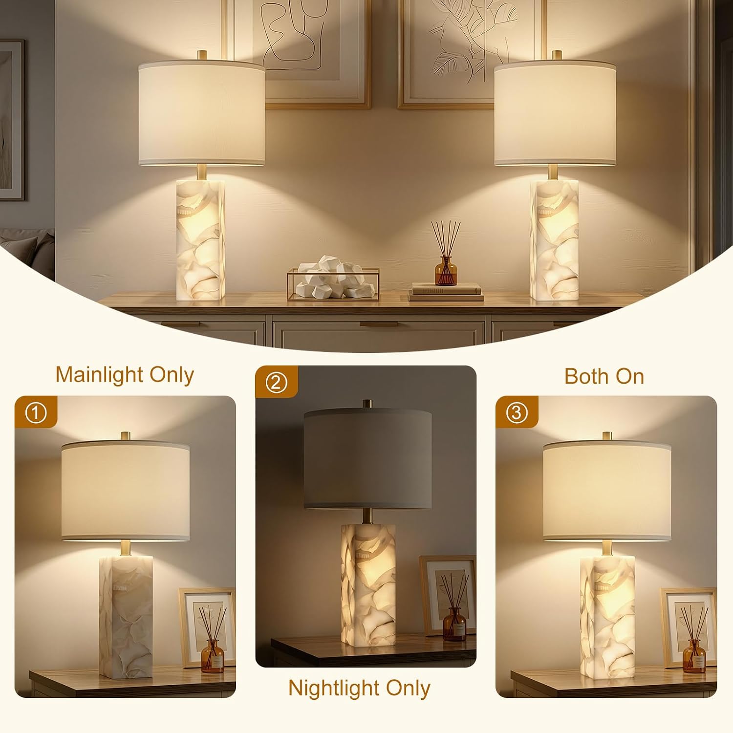Scenekoy Alabaster Table Lamp Set of 2 with Night Light for Bedroom Living Room, 23" Rotary Switch Bedside Lamp with Linen Shade, Modern Nightstand Lamps for Room Office Dorm (Bulb Included) - Image 3