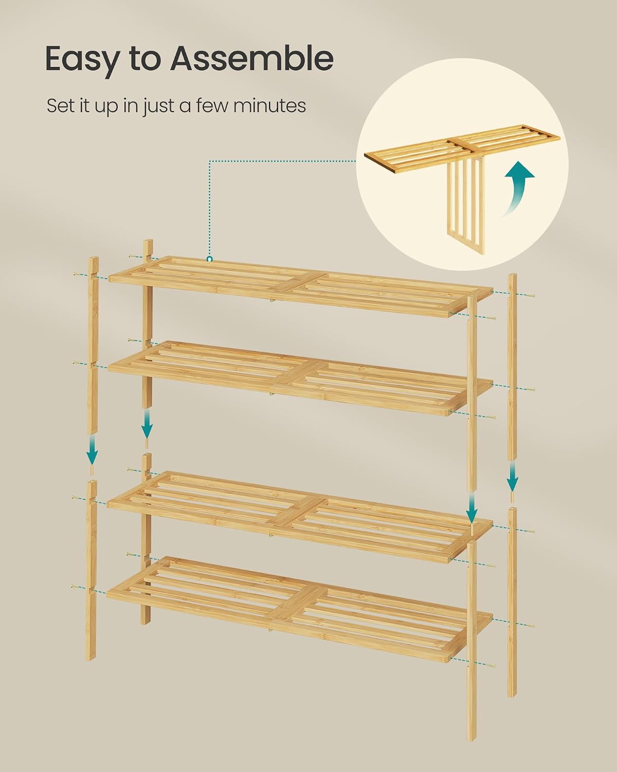 SONGMICS Bamboo Shoe Rack for Closet, Stackable Shoe Oragnizer with Modular Structure, Space-Saving Free Standing Shelf for Entryway Bedroom, 4-Tier, Holds 15-20 Pairs, Natural Color ULBS054YL01 - Image 7