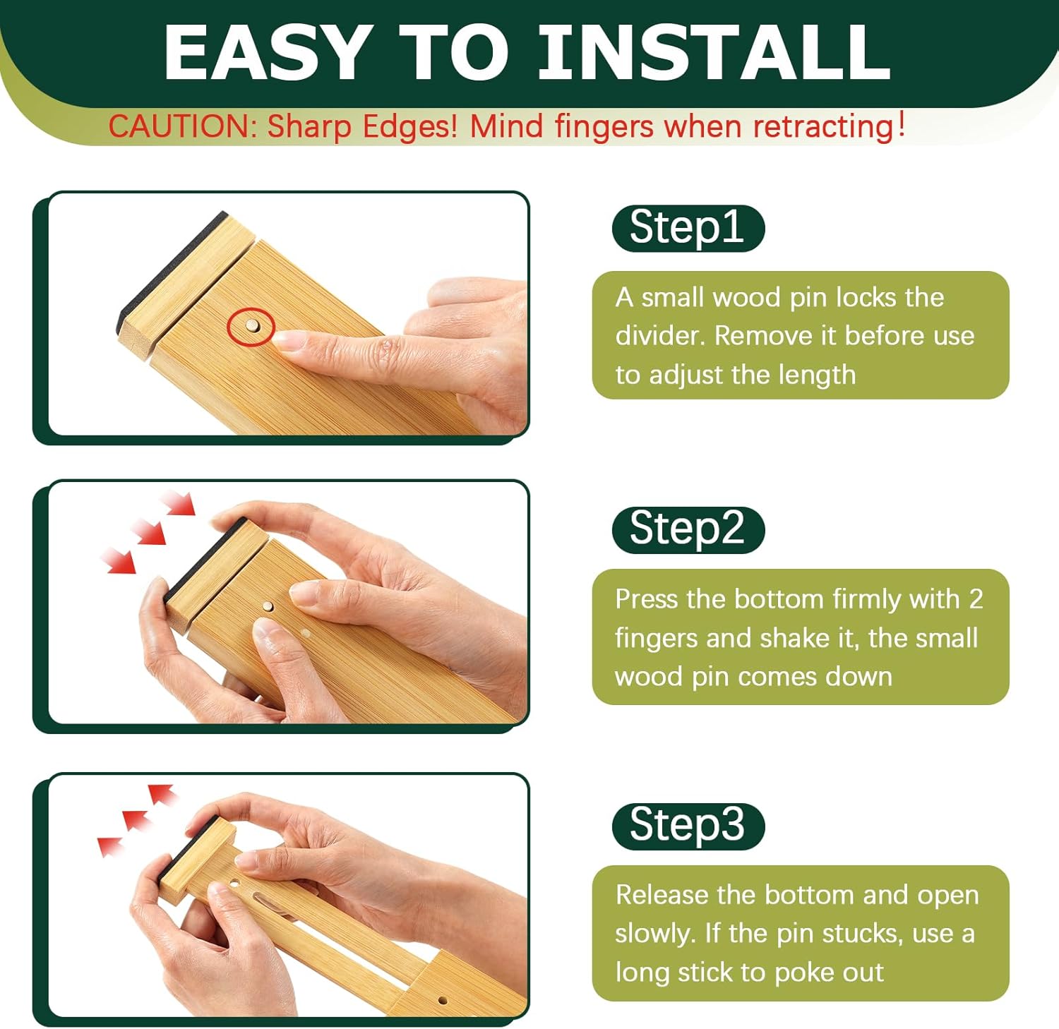 Lzerking Kitchen Drawer Dividers 6 Pack Bamboo Drawer | 17-22" Adjustable, Spring Loaded, Expandable Utensil Organizer, Works in Kitchen, Dresser, Closet, Bathroom, Bedroom - Image 3