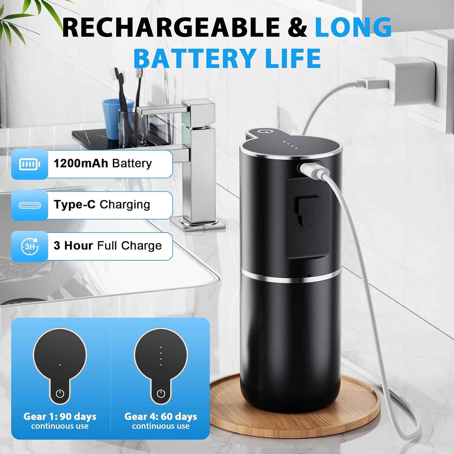 Fantictas Automatic Soap Dispenser Touchless Automatic Foam Soap Dispenser 380ML 4 Adjustable Levels 1200mAh Soap Dispensing Wall Mount for Kitchen and Bathroom,Black - Image 6