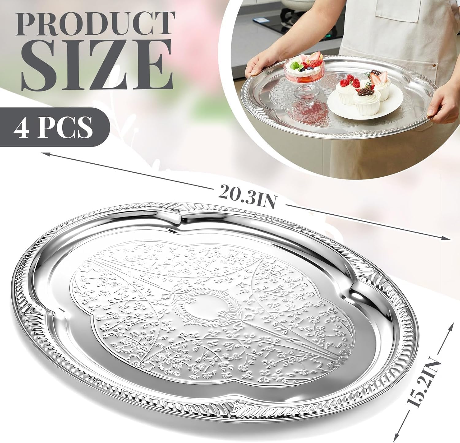 4-Pack Large Silver Serving Tray 20.3 x 15.2 Inch Mirror Platter Set for Party, Wedding, Birthday, Christmas, Appetizers, Desserts, Food Display, Kitchen Table, Buffet - Image 2