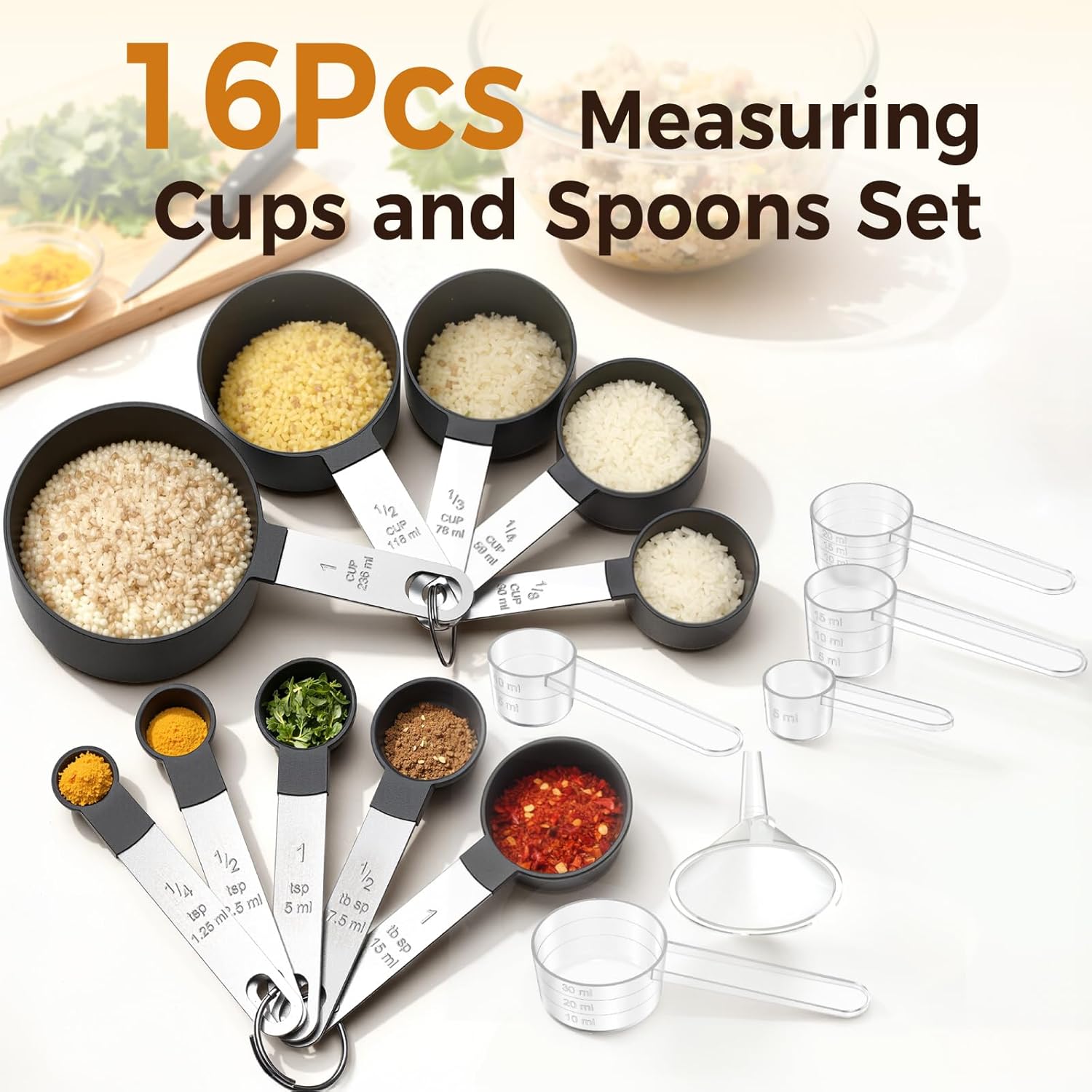16PCS Measuring Cups and Spoons Set, Measuring Spoon Set with Metric and US Measurements, Fits for Measuring Dry and Liquid - Black - Image 2