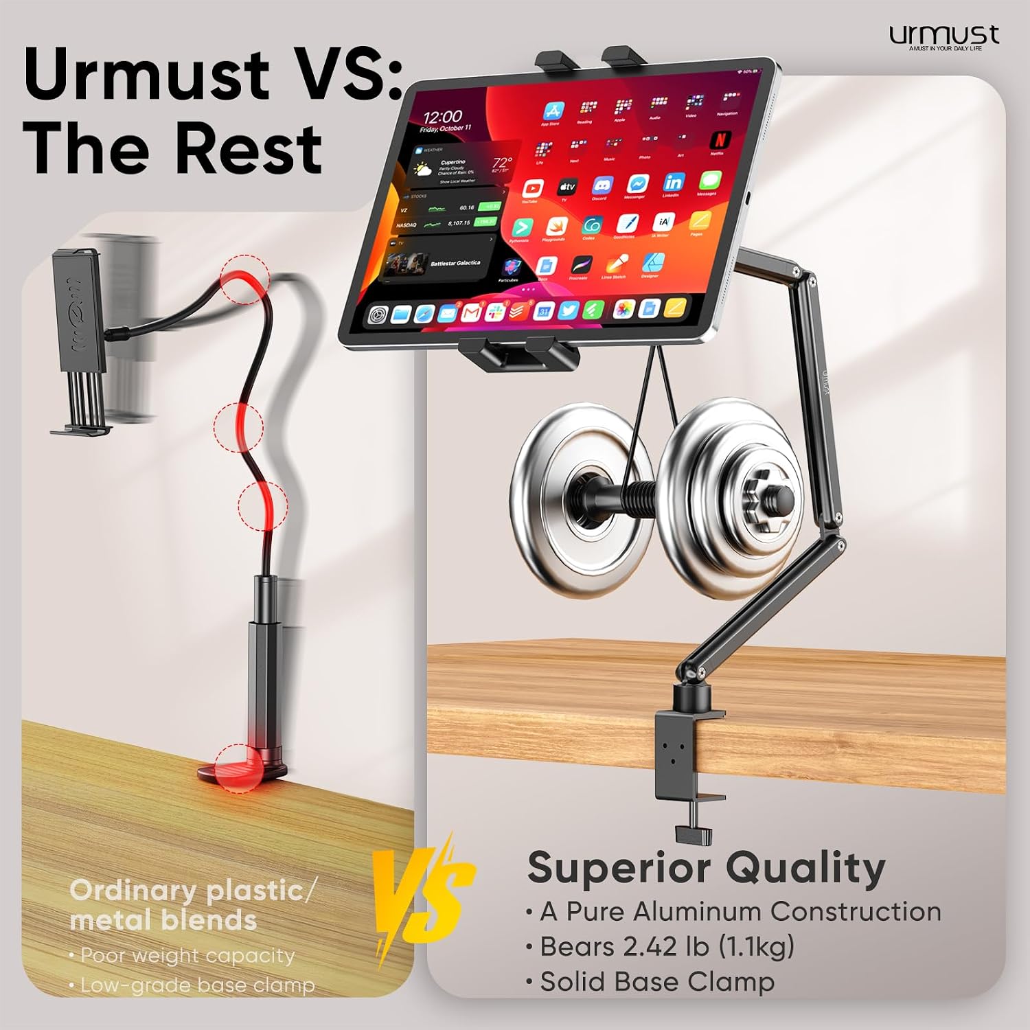 Urmust Portable Monitor Stand 15.6", iPad Stand for Desk, Portable Monitor Holder up to 18.5" Holds, Adjustable Desktop Tablet Arm Mount, Apple iPad Holder for Desk, for 4.7"-12.9" i Pad Pro/Air/Mini - Image 6