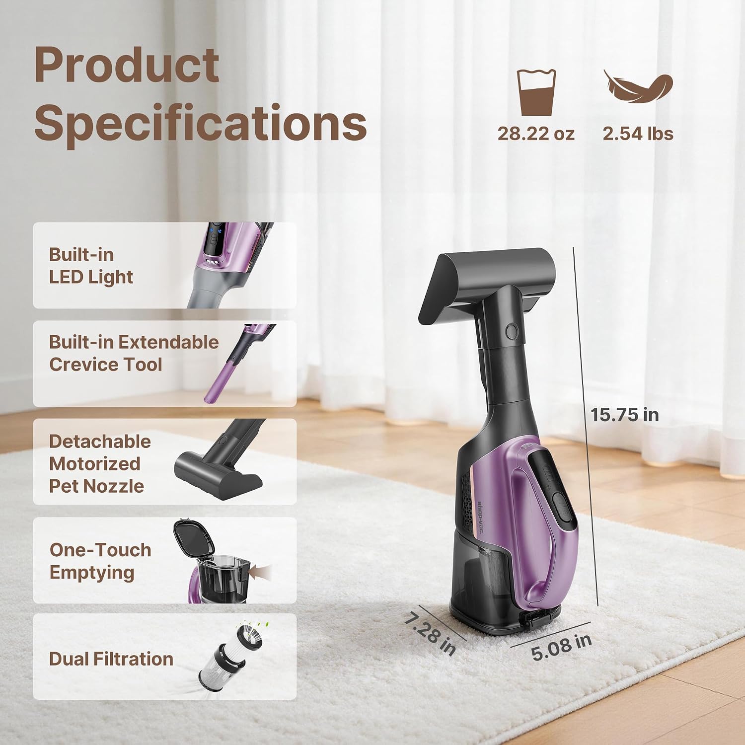 Shop-Vac S4 20V Handheld Vacuum Cordless with Brushless Motor, Motorized Pet Nozzle, Dual-Speed Powerful 15000 Pa Suction Portable Vacuum for Home & Pet Hair, Wall-Mounted, LED Light, Purple - Image 3
