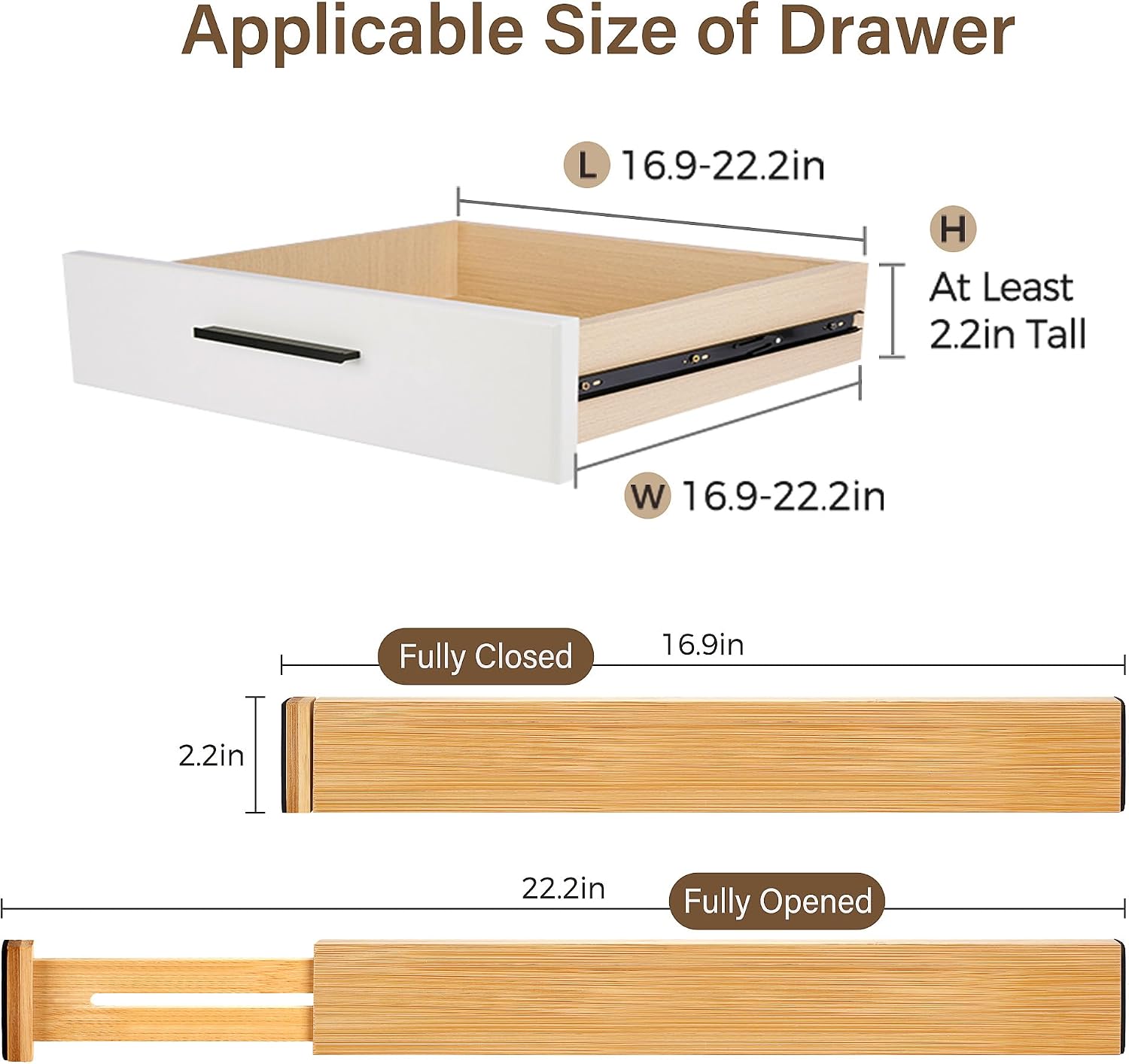 Bamboo Drawer Divider Set of 8, Adjustable Spring-Loaded Drawer Organizer (16.9"-22.2"), 2.3" Height, Suitable for Kitchen, Desk, Bathroom, Clothing, and Miscellaneous Drawer Organization, Natural - Image 2