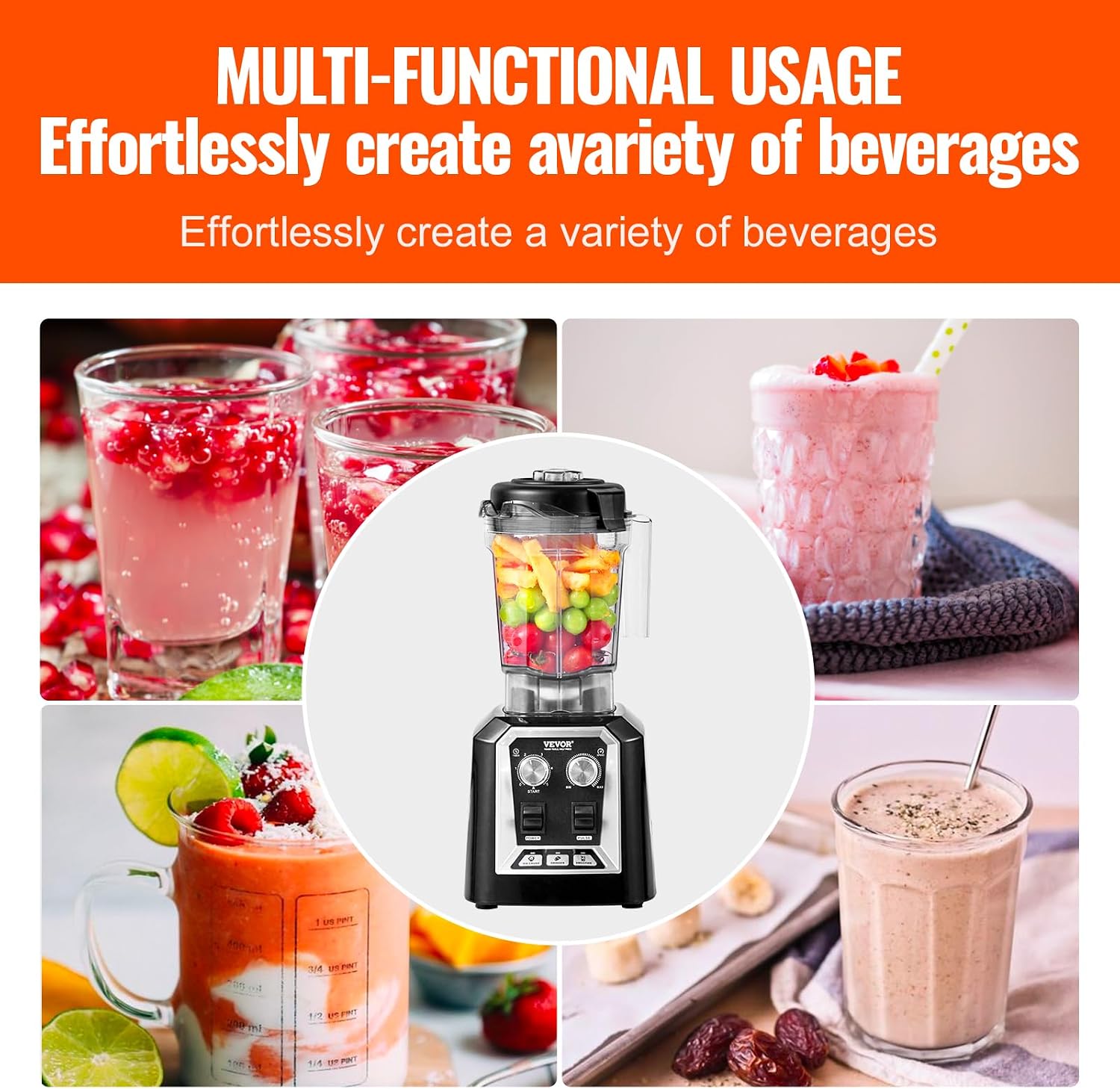 VEVOR Professional Blender, Commercial Countertop Blenders, 68 oz Jar Blender Combo, Stainless Steel 3 Functions, for Frozen Drinks, Shakes, Smoothies, Peree, and Crush Ice, Black - Image 3