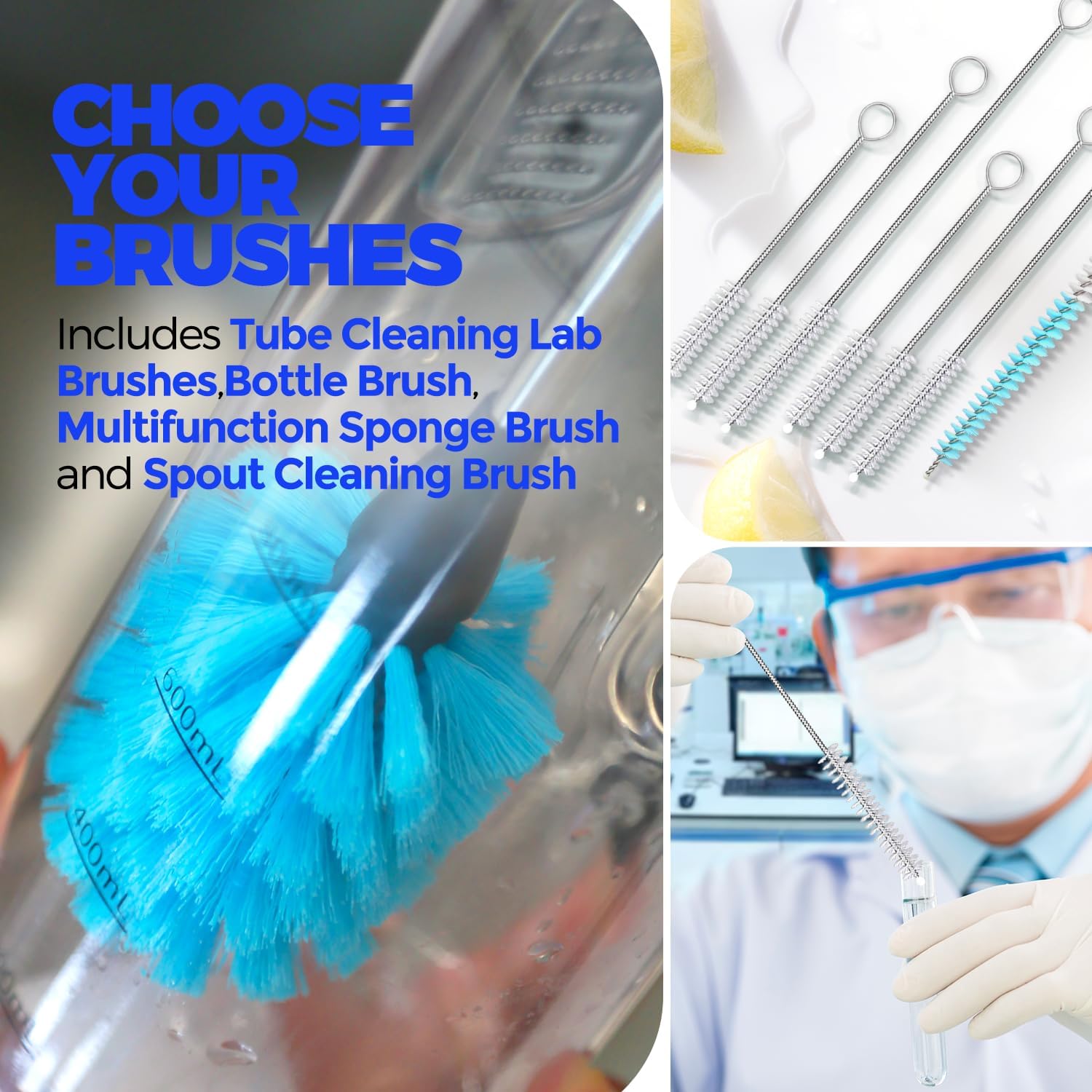 Holikme Bottle Brush Tube Cleaning Lab Set with Long Handle, Cup Cleaner for Washing Narrow Neck Beer Wine Decanter Pipes Lids Sinks Cap Covers, White - Image 7