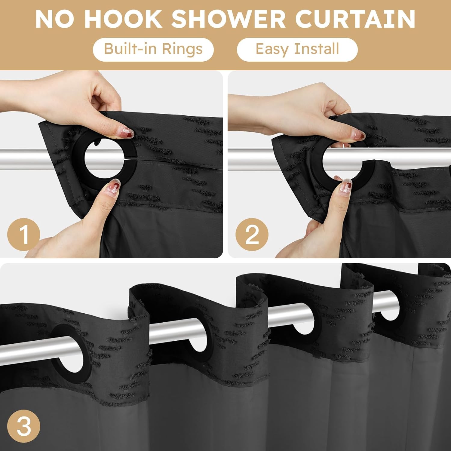 FADOTY No Hook Shower Curtain and Liner Set, Black Snap in Shower Curtain Ringless Chevron Tufted Cloth Waterproof Washable Fabric Bath Curtain with See Through Top Window for Bathroom Hotel 71" x 74" - Image 2