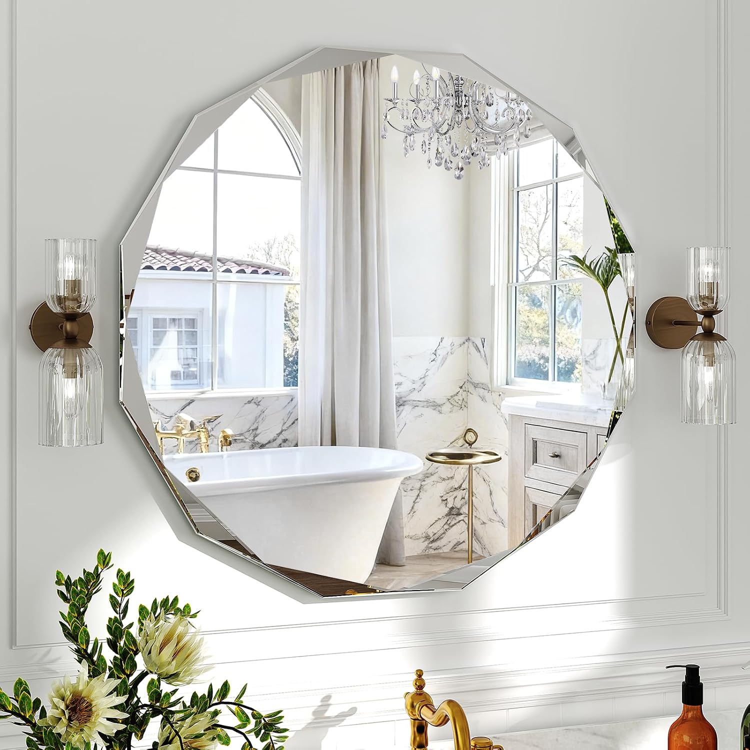 Krymnar 30x30 Inch Round Beveled Bathroom Mirror, Circle Frameless Copper-Free Silver Mirror, Modern Vanity Mirror, Decorative Wall Mirrors for Restroom, Bedroom, Living Room, Bathroom, Entryway