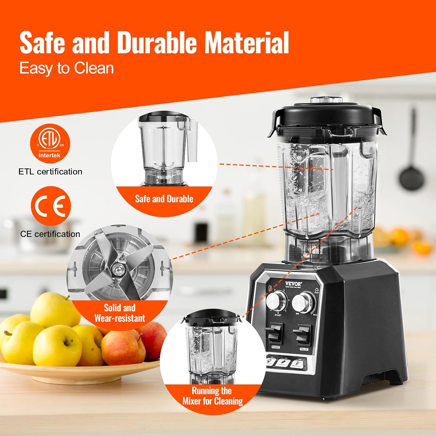 VEVOR Professional Blender, Commercial Countertop Blenders, 68 oz Jar Blender Combo, Stainless Steel 3 Functions, for Frozen Drinks, Shakes, Smoothies, Peree, and Crush Ice, Black - Image 5