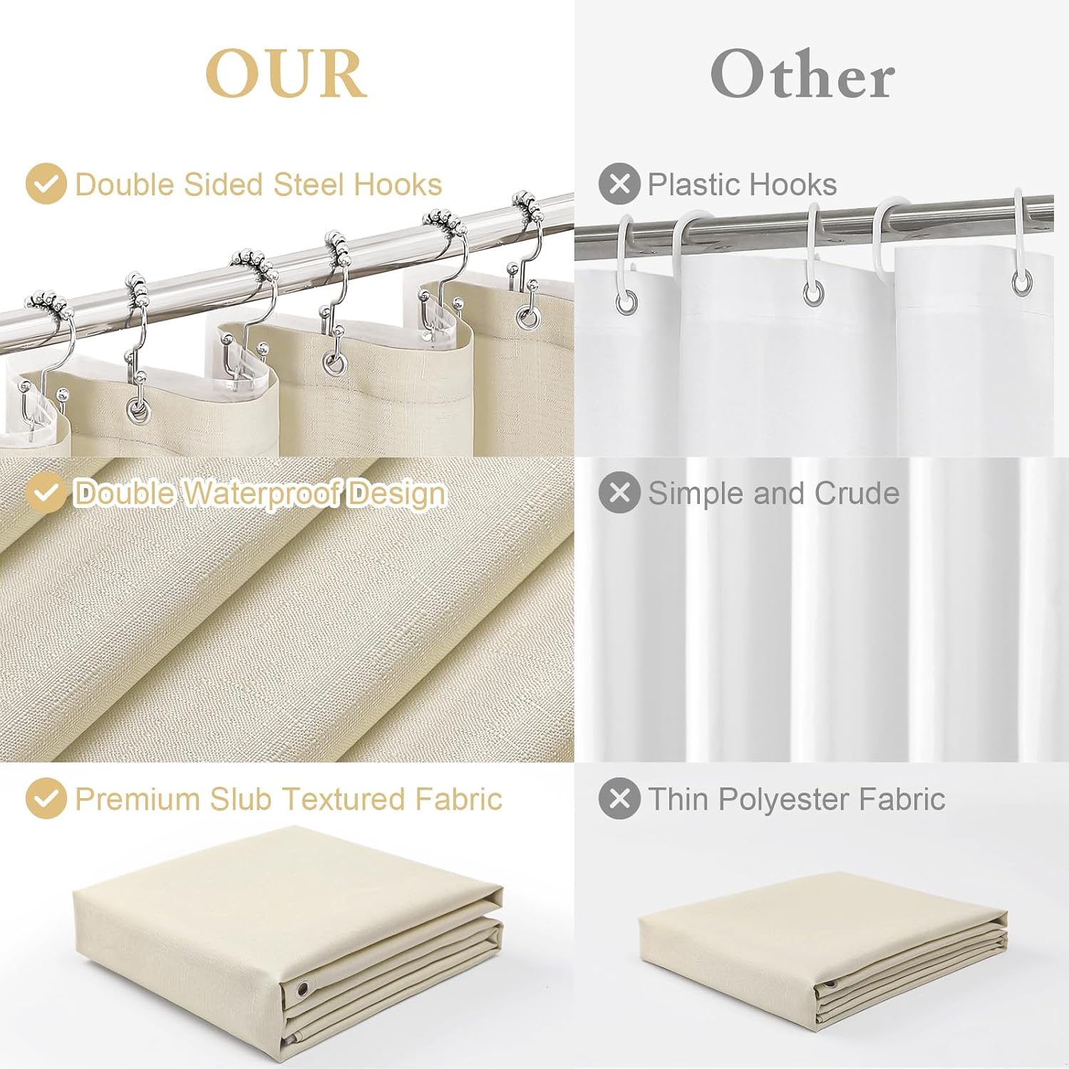 MitoVilla 3 in 1 Shower Curtain Set, Neutral Modern Slub Textured Fabric Shower Curtain and Clear PEVA Liner Set with 12 Double Sided Steel Hooks, Waterproof Fabric Hotel Bathroom Curtain-72x72 - Image 2