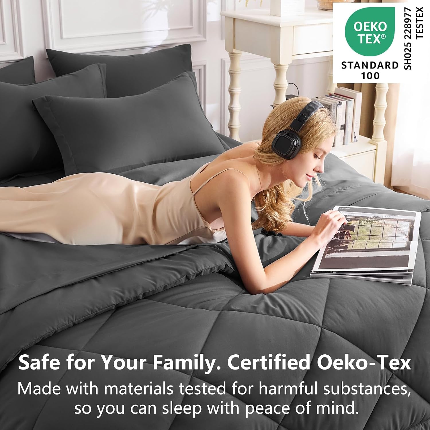 CozyLux King Size Comforter Set Dark Grey - 7 Pieces Bed in a Bag King, Luxury Soft Bed Set for All Seasons, Bedding Set with Down Alternative Comforter, Sheets, Pillowcases & Shams - Image 3