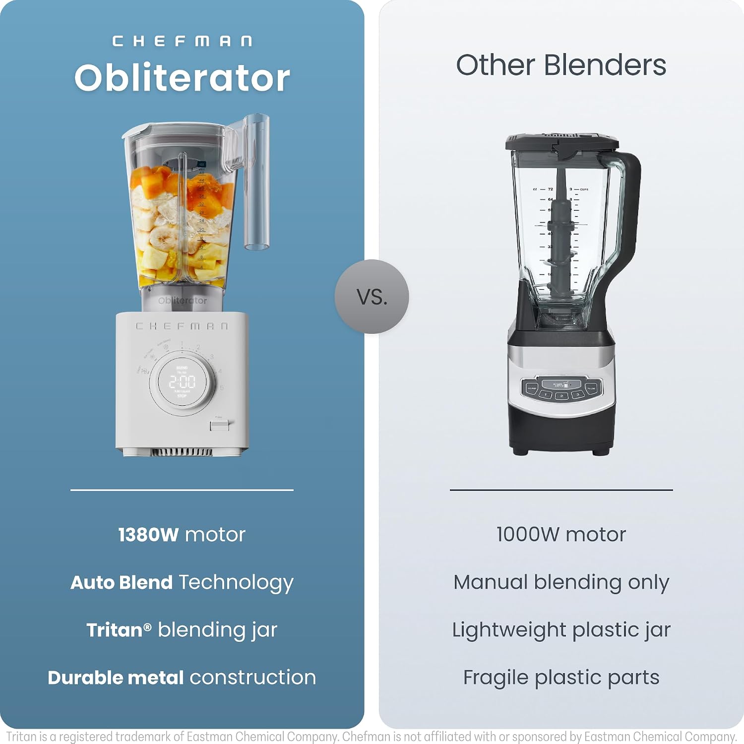 Chefman Obliterator 48 oz Countertop Blender for Smoothies, 1380W Motor to Crush Ice, Nuts, and Frozen Fruit with Stainless Steel Blade, Auto Blend Function, Includes Tamper and Scraper - Image 2