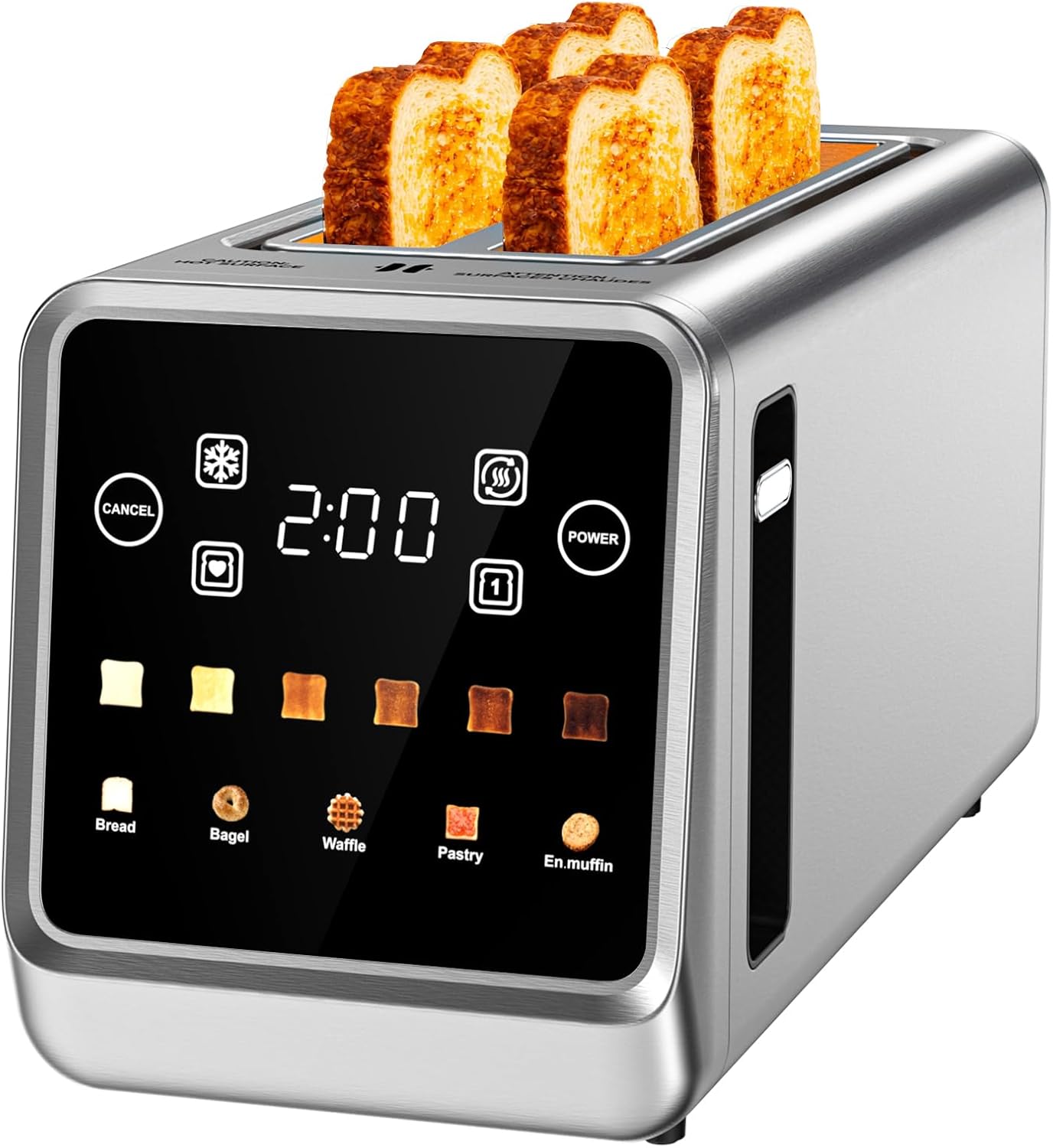 Long Slot Toaster 4 Slice with Touchscreen, 1400W Stainless Steel 2-Slot Smart Appliance Extra Wide 1.5 Inch, Single Mode BreadID Tech Timer for Bagel Waffle