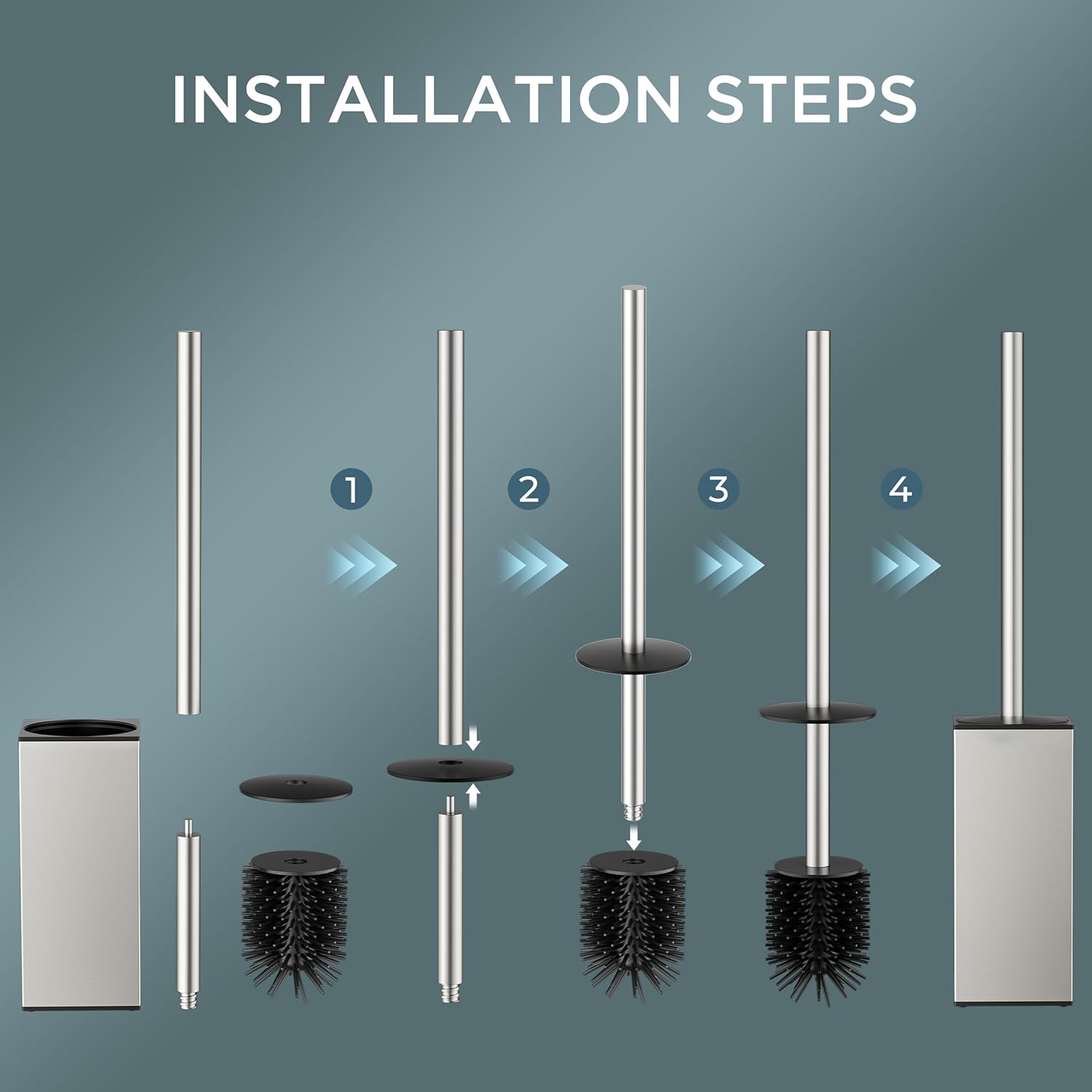 FORIOUS Toilet Brush and Holder Set, SUS304 Stainless Steel Square Base, Extended Long Handle, Drip-Proof & Space Saving, 2 Replaceable Brush Heads, Plastic & Silicone Dual Brush Head, Brushed Nickel - Image 6