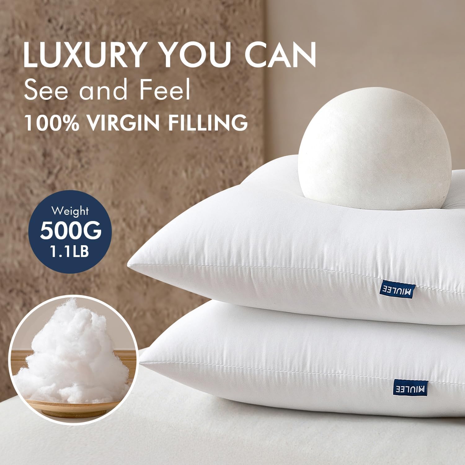 MIULEE Throw Pillows Inserts, Pack of 2 18x18 Inch 100% Virgin Fiber Filling Bed Couch Pillows - Image 2